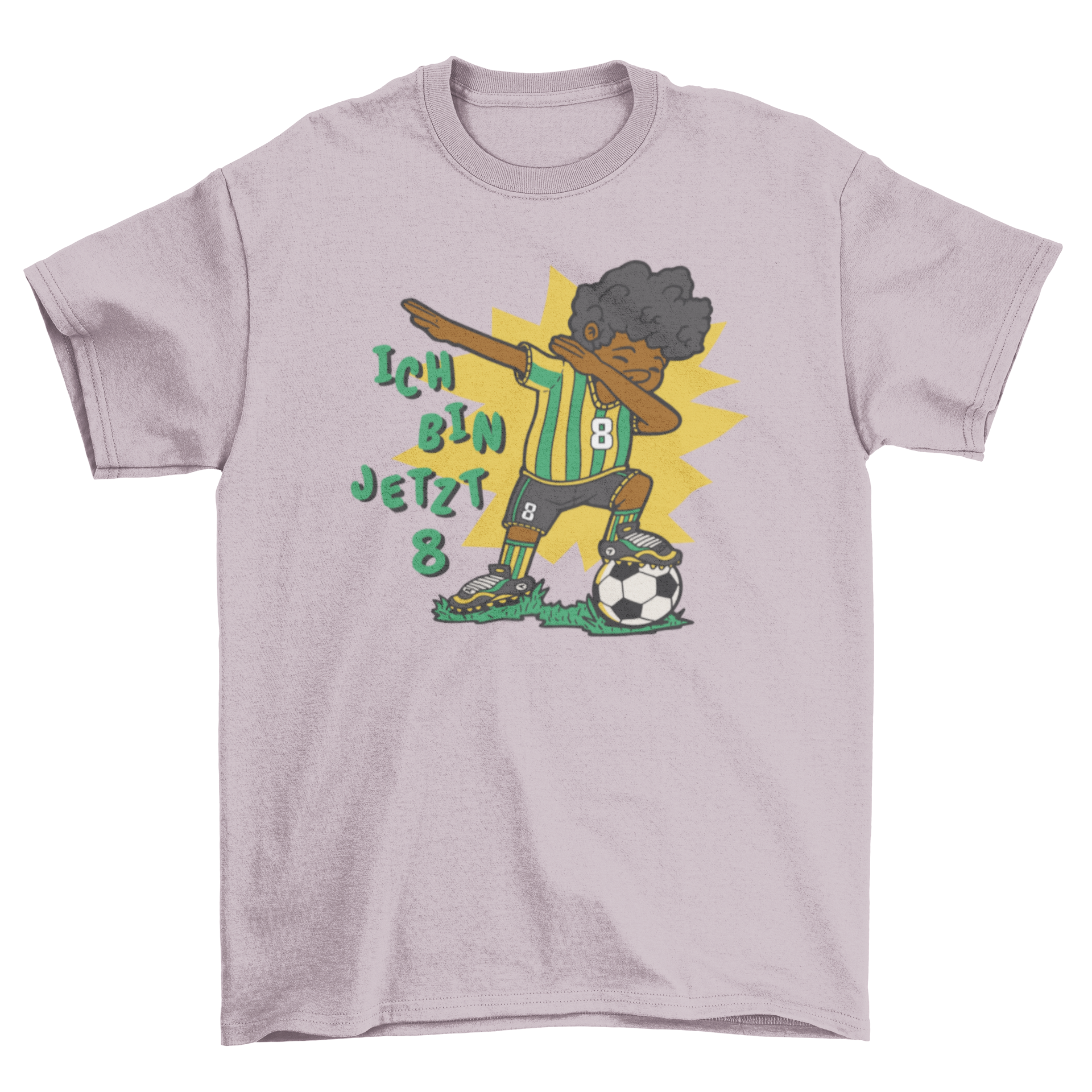 A colorful t-shirt featuring a boy dabbing with a soccer ball, and the German text 'I am now 8'.