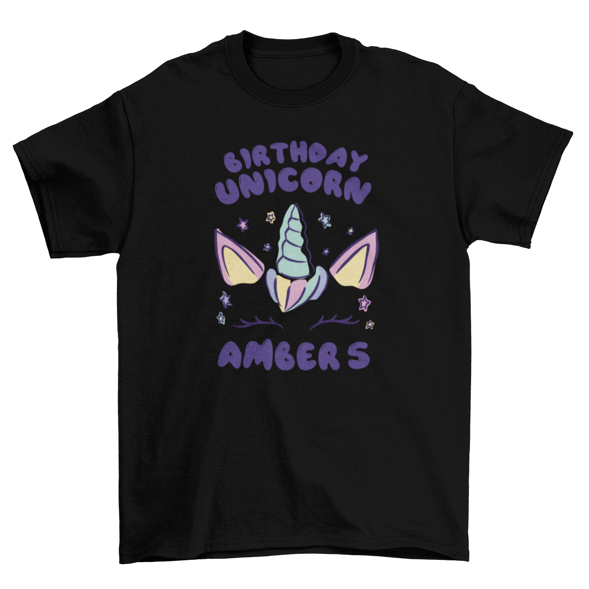 A colorful t-shirt featuring a unicorn horn and ears with a customizable birthday quote.