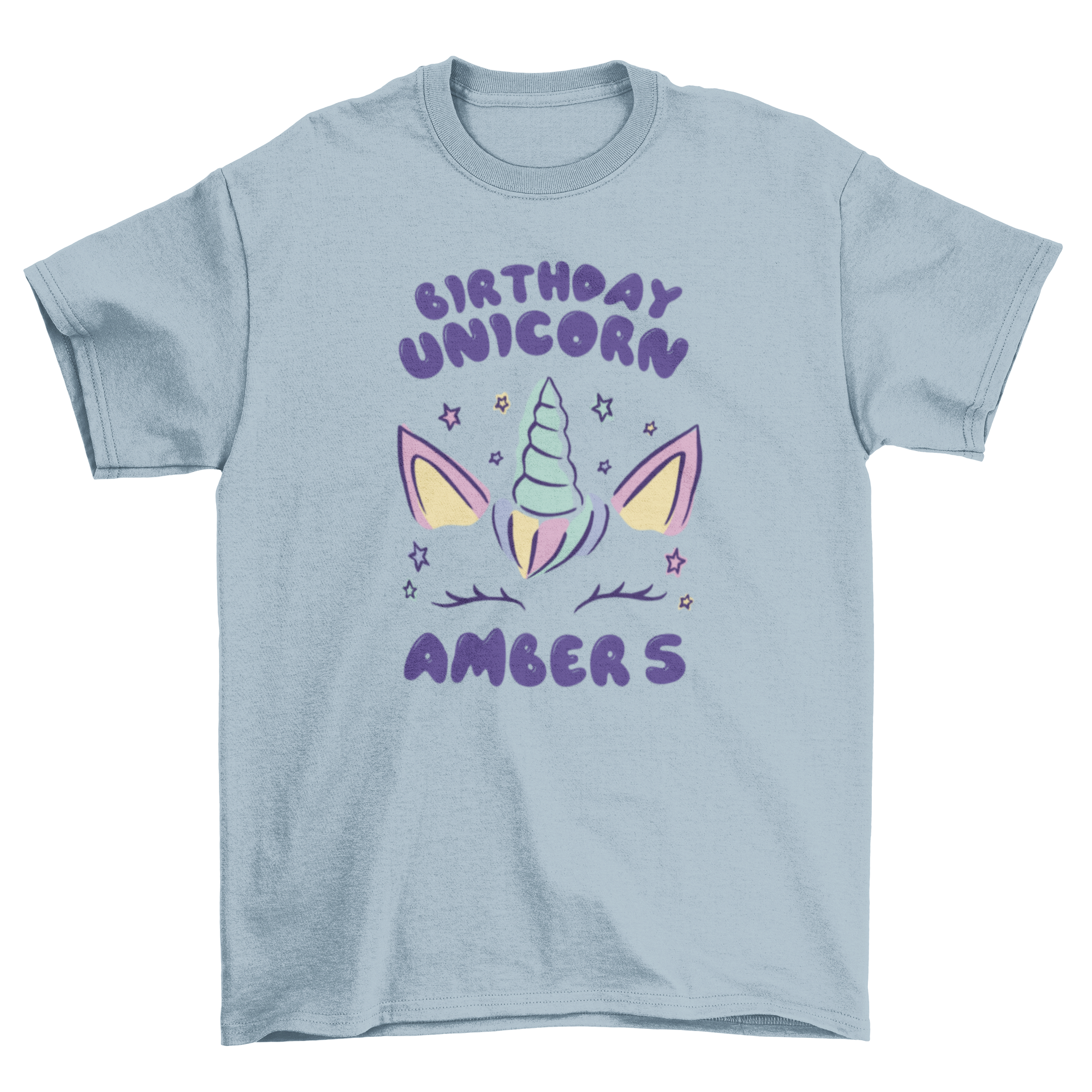 A colorful t-shirt featuring a unicorn horn and ears with a customizable birthday quote.