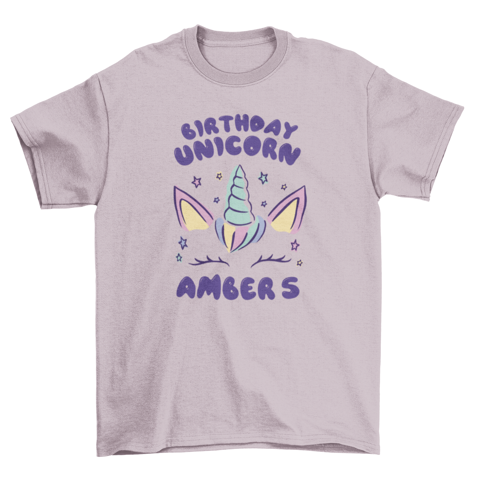 A colorful t-shirt featuring a unicorn horn and ears with a customizable birthday quote.