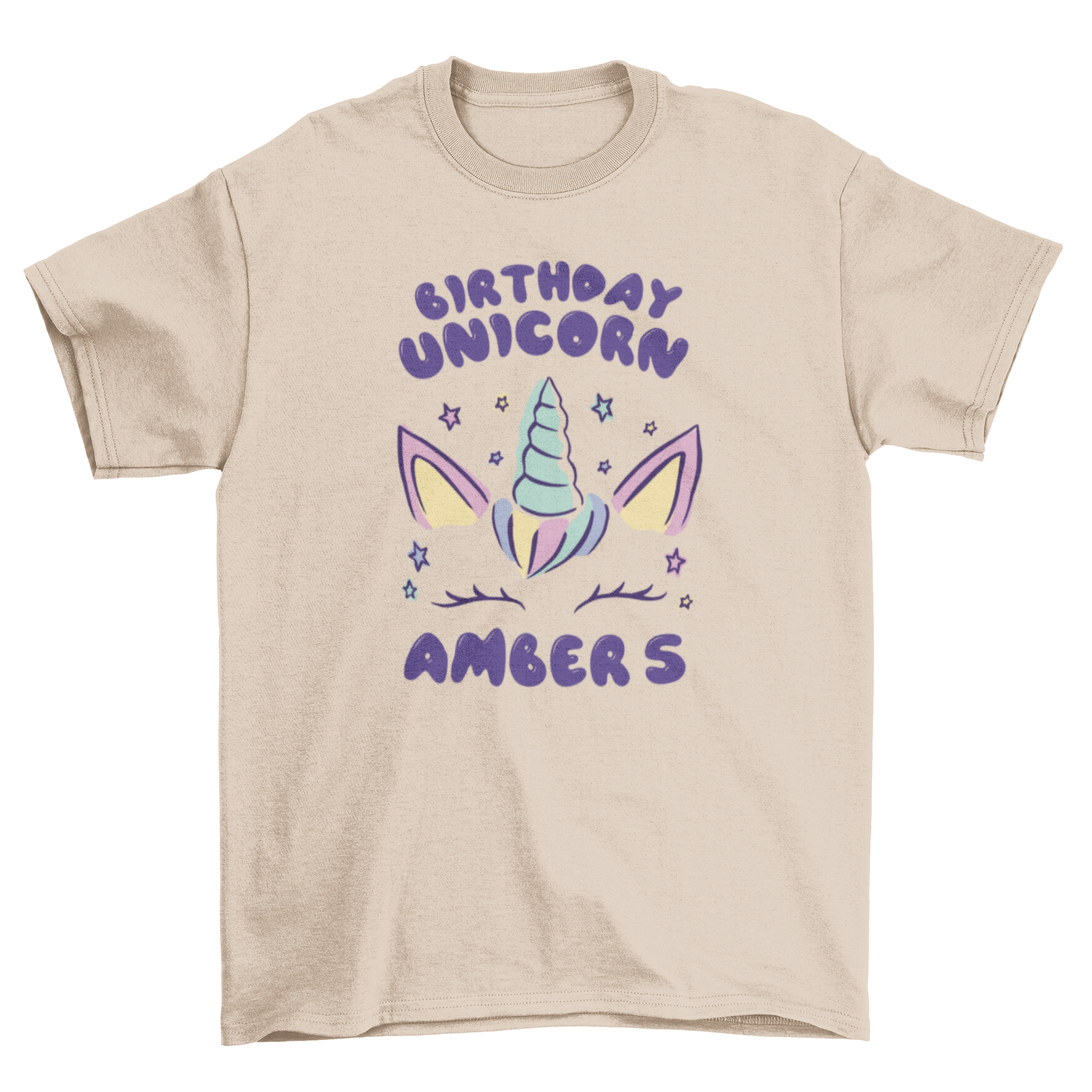 A colorful t-shirt featuring a unicorn horn and ears with a customizable birthday quote.