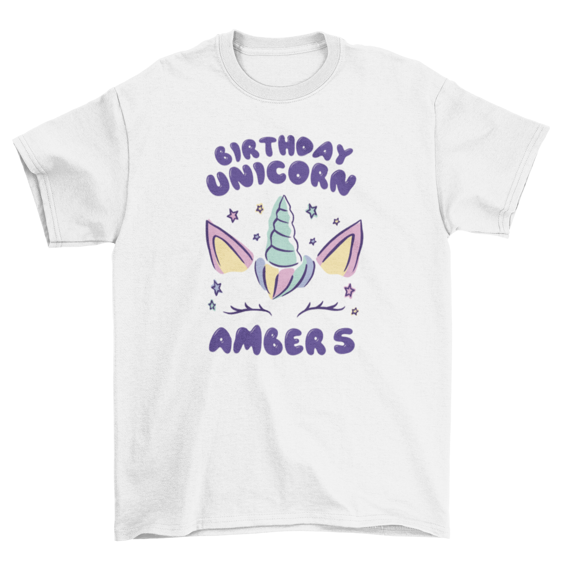 A colorful t-shirt featuring a unicorn horn and ears with a customizable birthday quote.