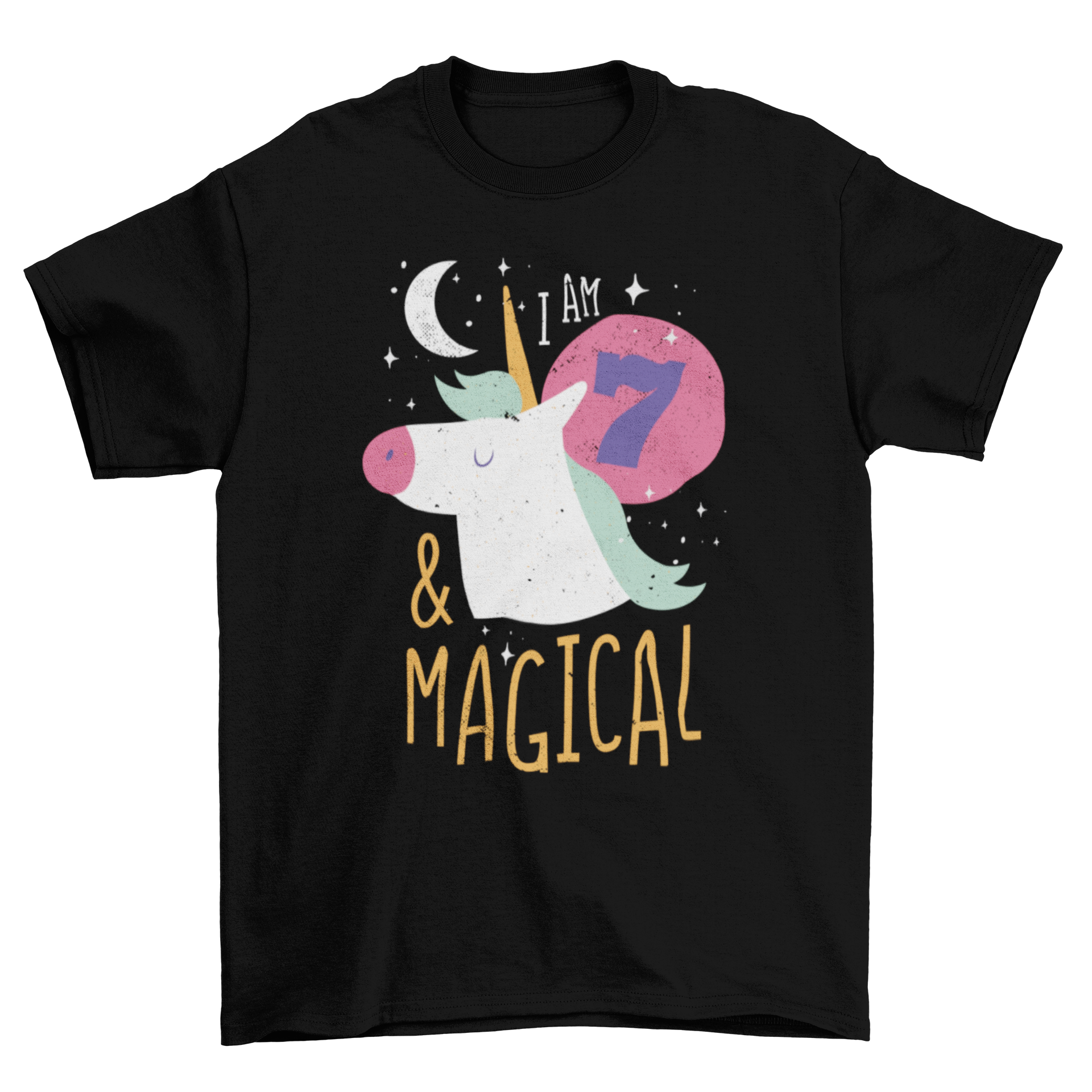 A colorful birthday t-shirt featuring a unicorn and the quote 'I am 7 & magical', perfect for children's birthday celebrations.