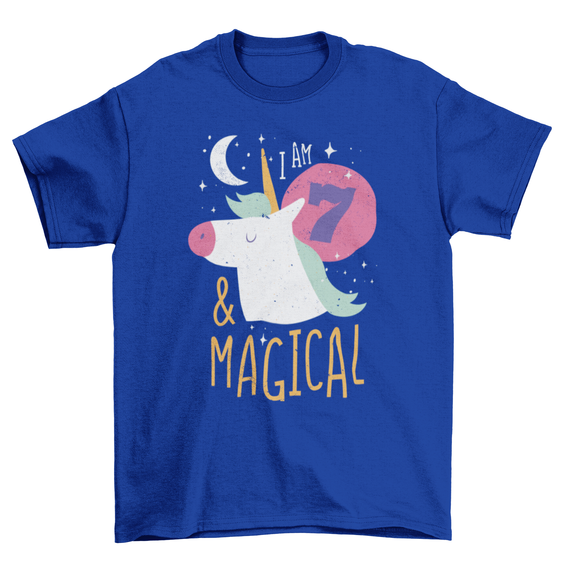 A colorful birthday t-shirt featuring a unicorn and the quote 'I am 7 & magical', perfect for children's birthday celebrations.