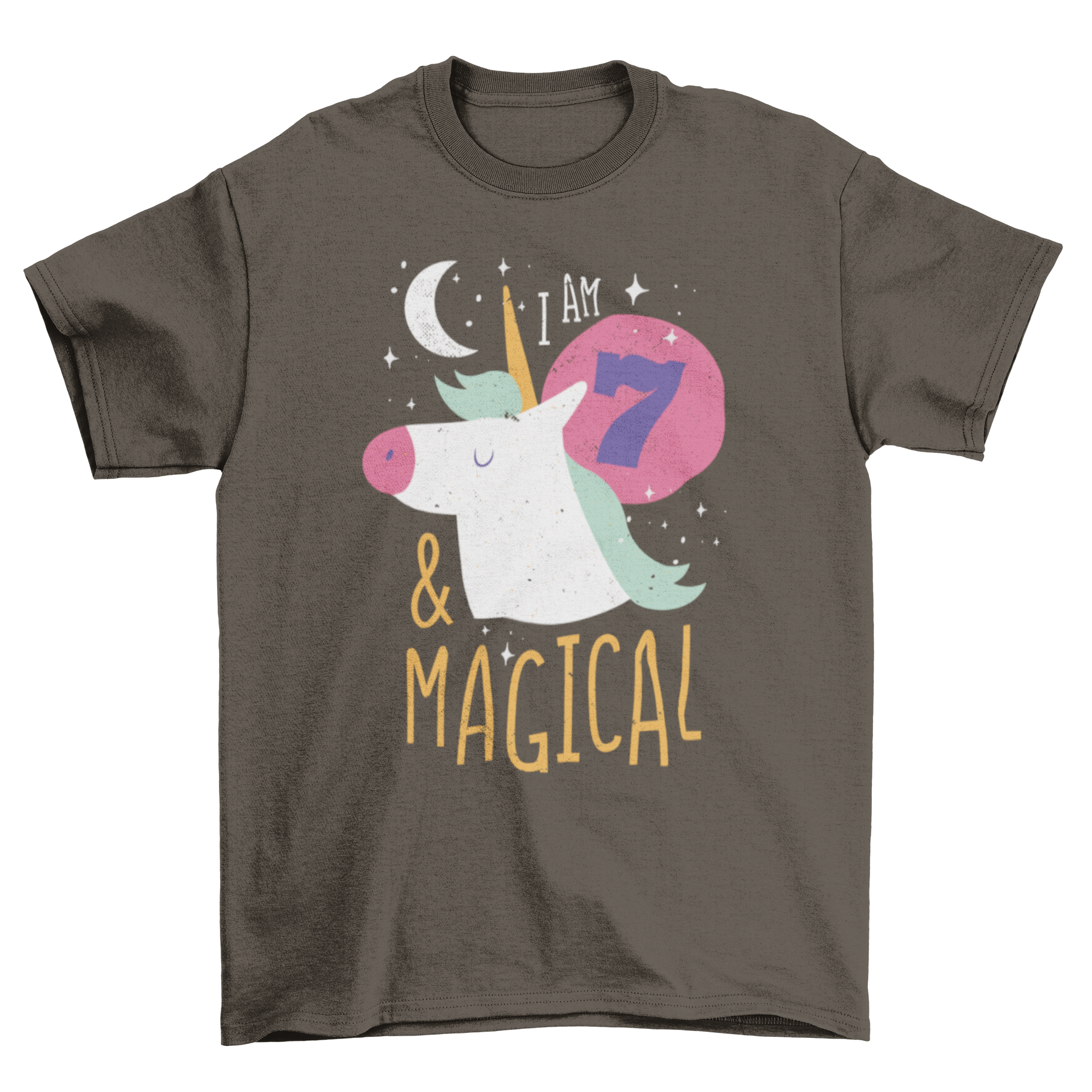 A colorful birthday t-shirt featuring a unicorn and the quote 'I am 7 & magical', perfect for children's birthday celebrations.