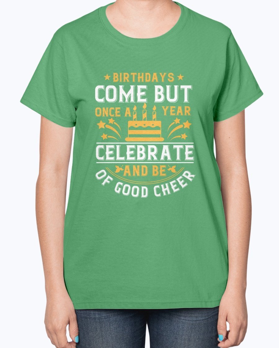 A stylish Birthday T-Shirt featuring a contoured fit and feminine-inspired design, perfect for celebrating birthdays.