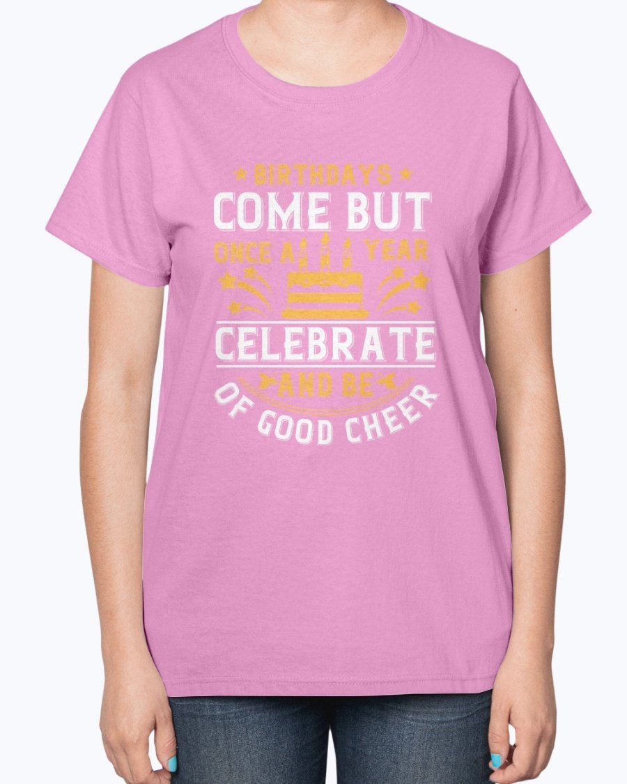 A stylish Birthday T-Shirt featuring a contoured fit and feminine-inspired design, perfect for celebrating birthdays.