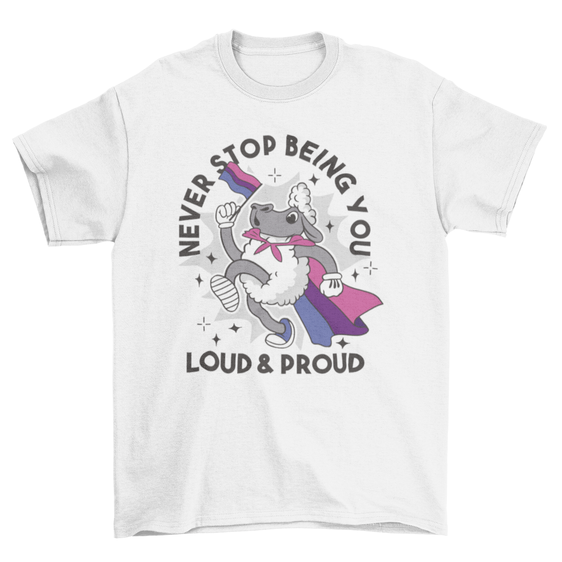 A colorful t-shirt featuring a cute sheep character holding a bisexual pride flag, symbolizing inclusivity and pride.