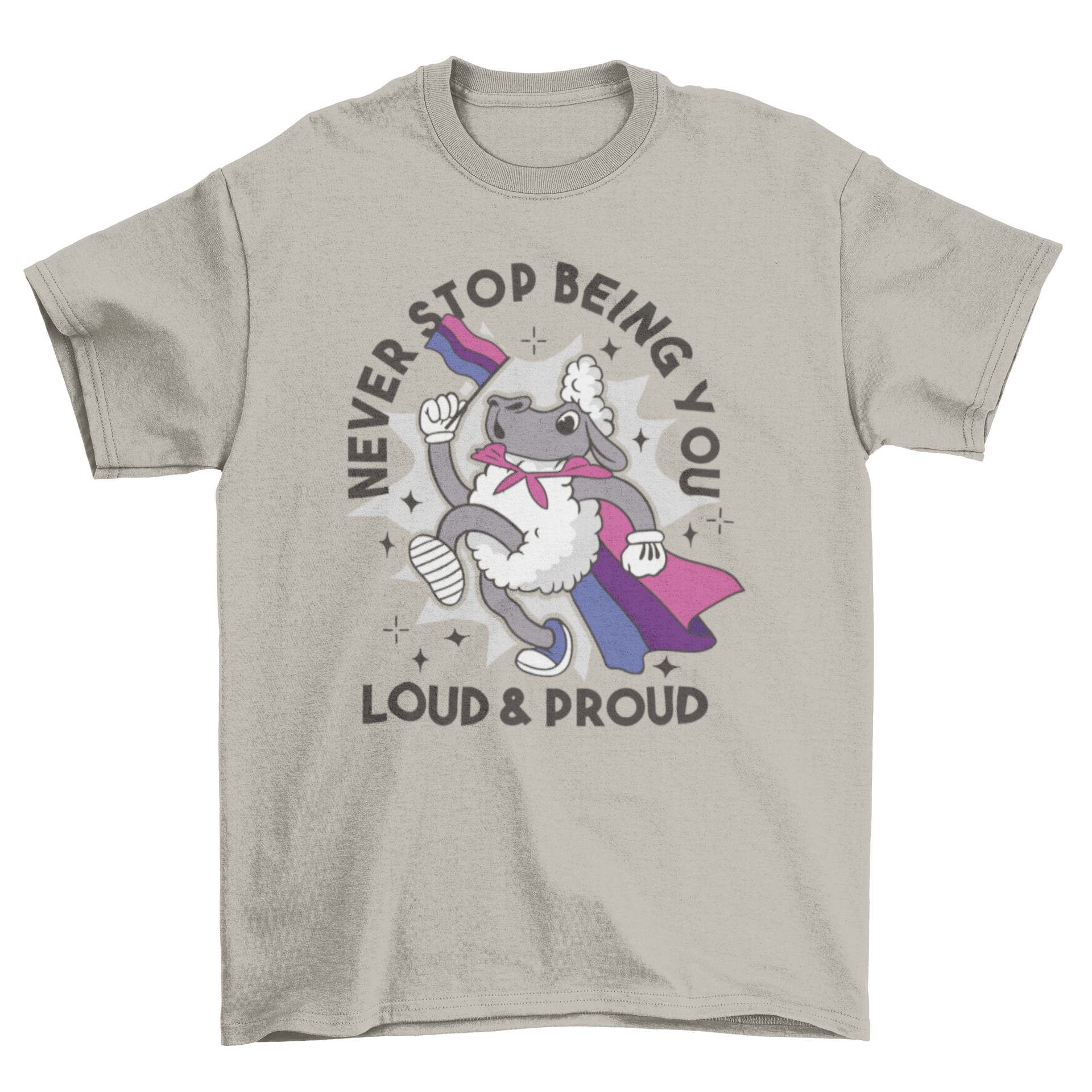 A colorful t-shirt featuring a cute sheep character holding a bisexual pride flag, symbolizing inclusivity and pride.