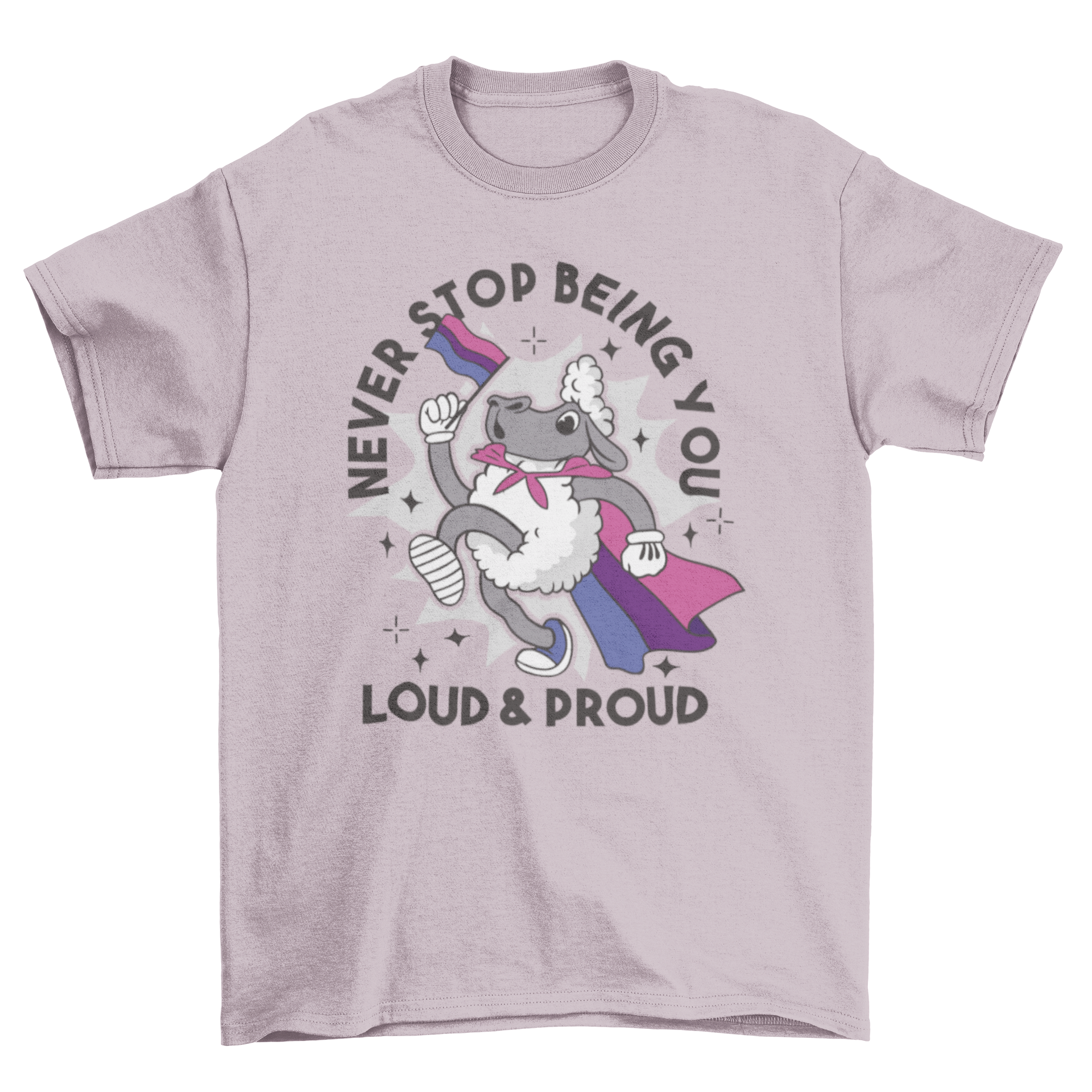 A colorful t-shirt featuring a cute sheep character holding a bisexual pride flag, symbolizing inclusivity and pride.