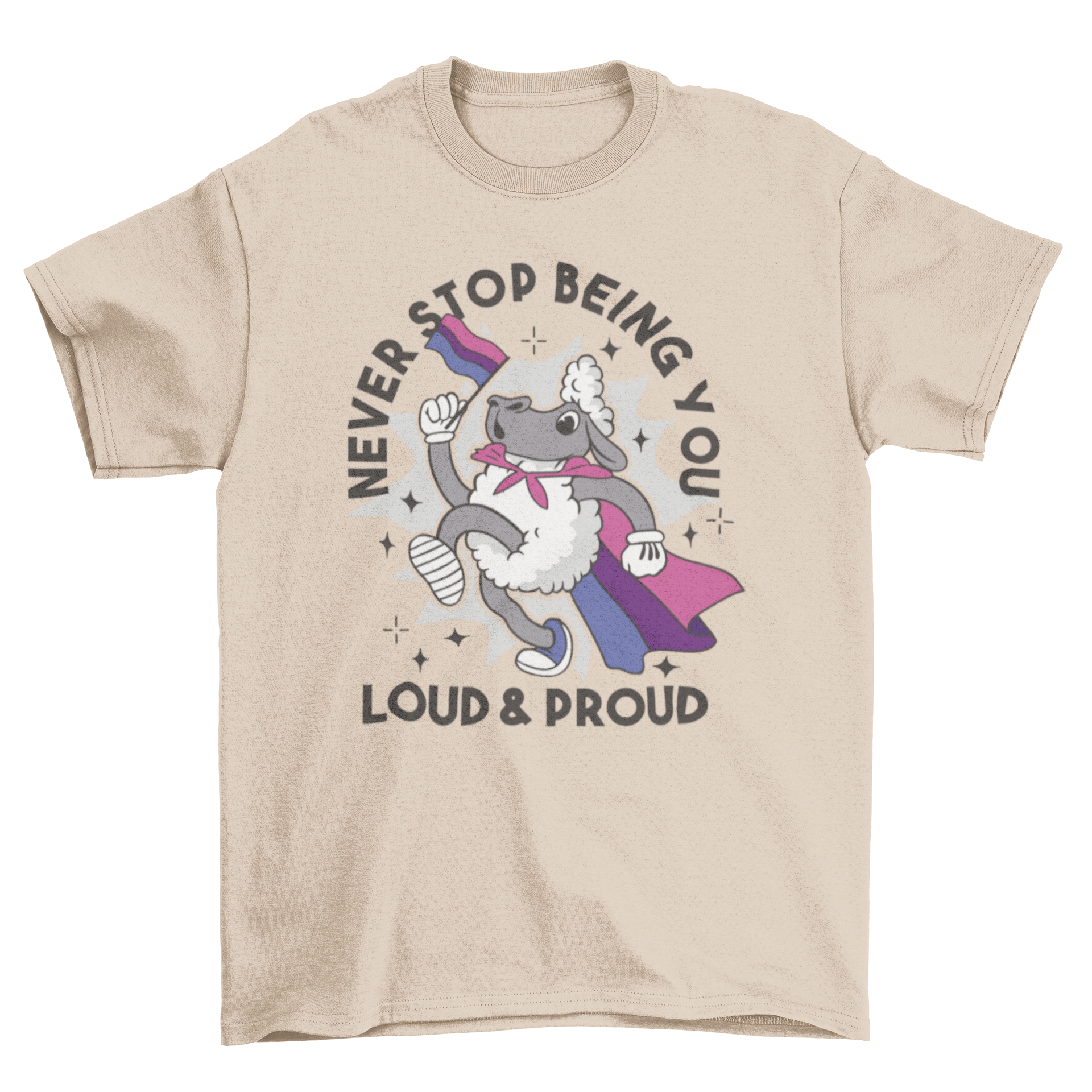 A colorful t-shirt featuring a cute sheep character holding a bisexual pride flag, symbolizing inclusivity and pride.