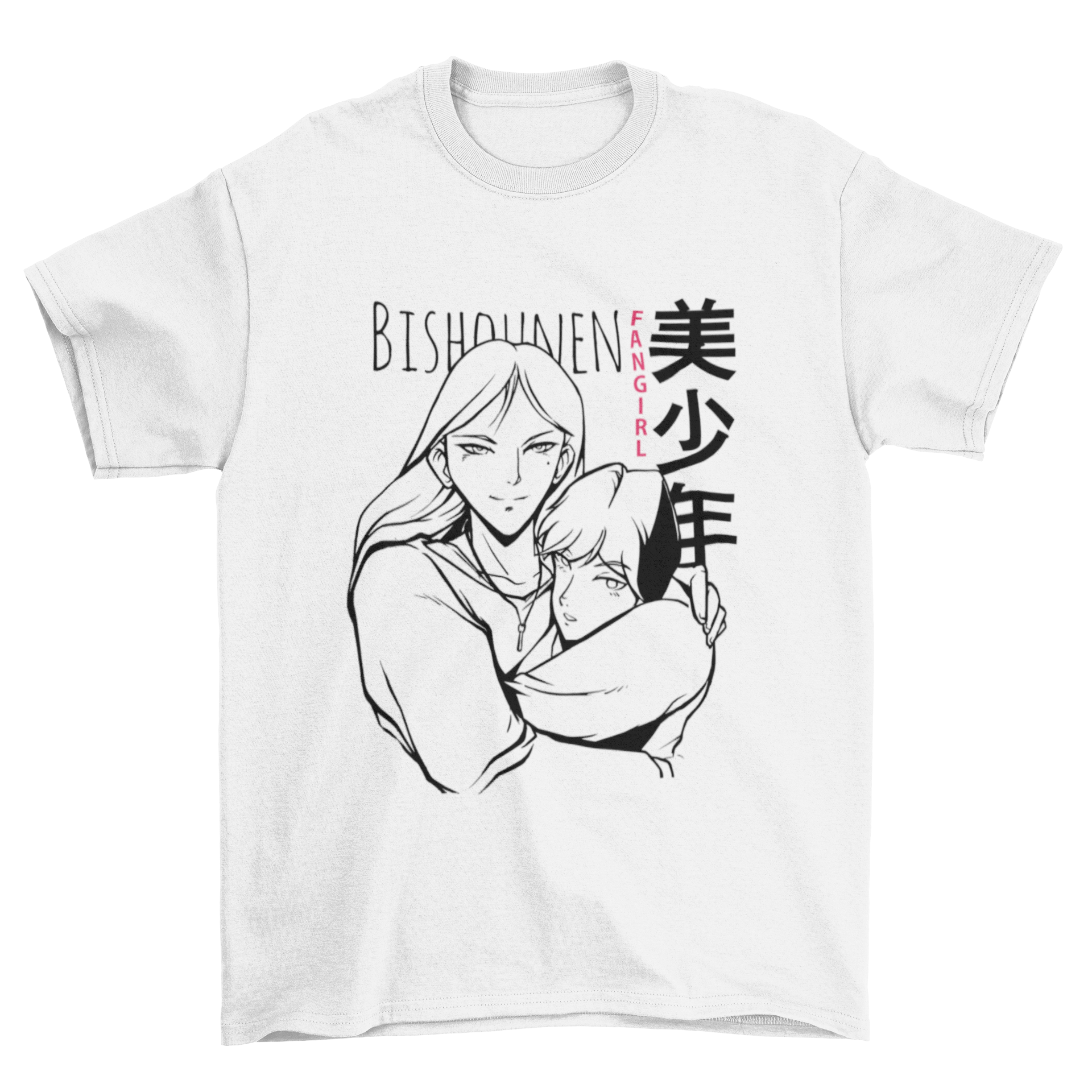 Bishounen fangirl t-shirt featuring two anime characters and stylish text.