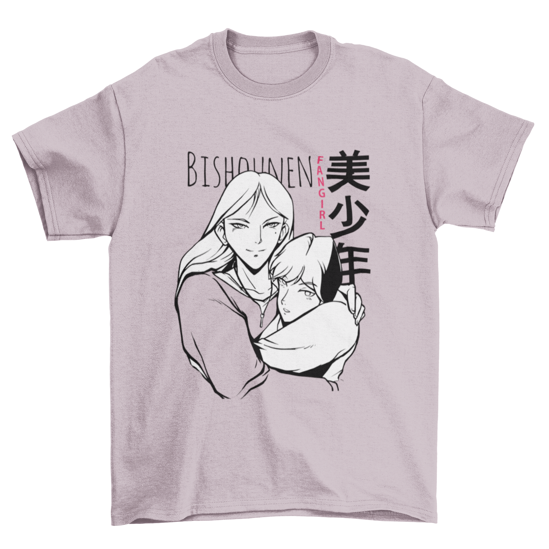 Bishounen fangirl t-shirt featuring two anime characters and stylish text.