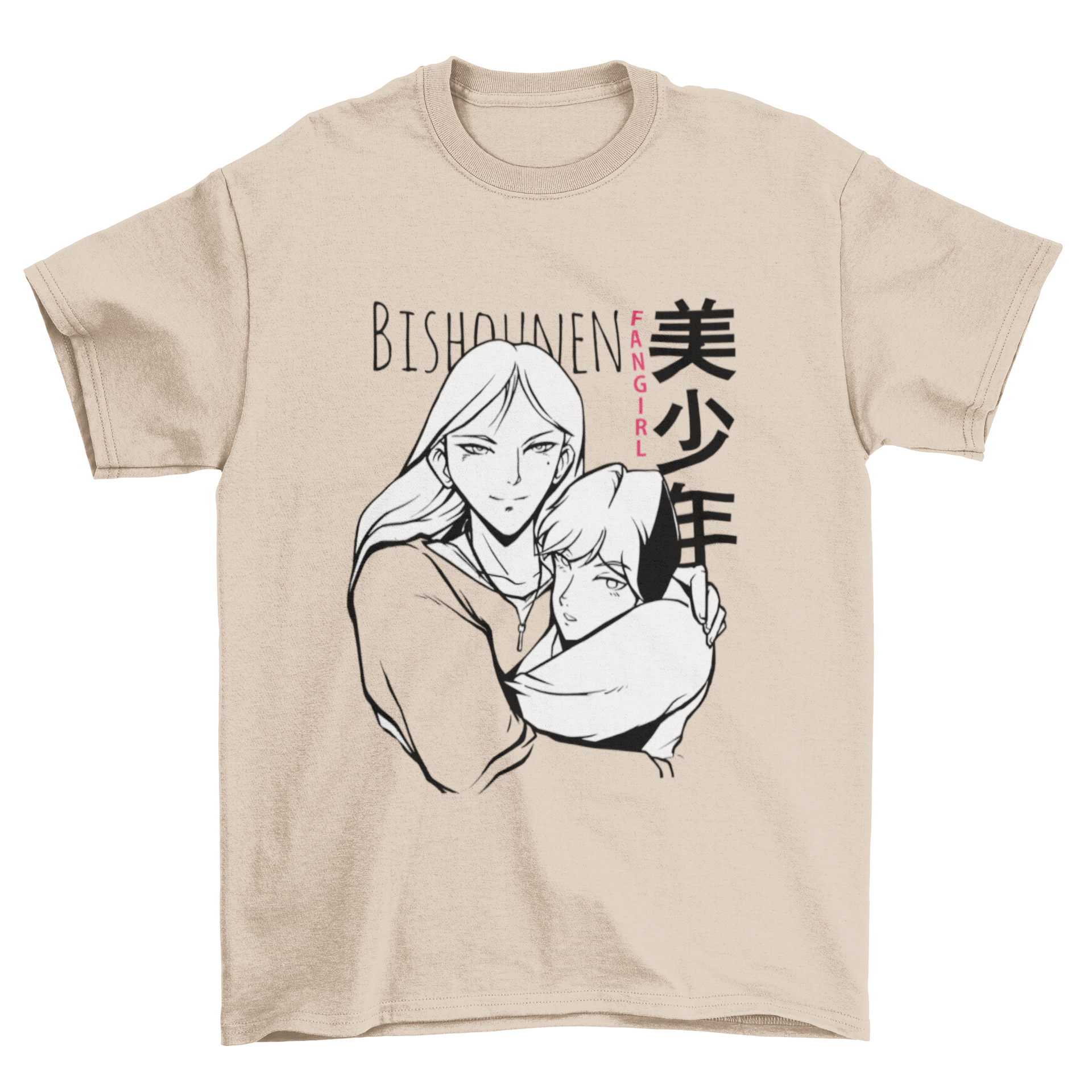 Bishounen fangirl t-shirt featuring two anime characters and stylish text.