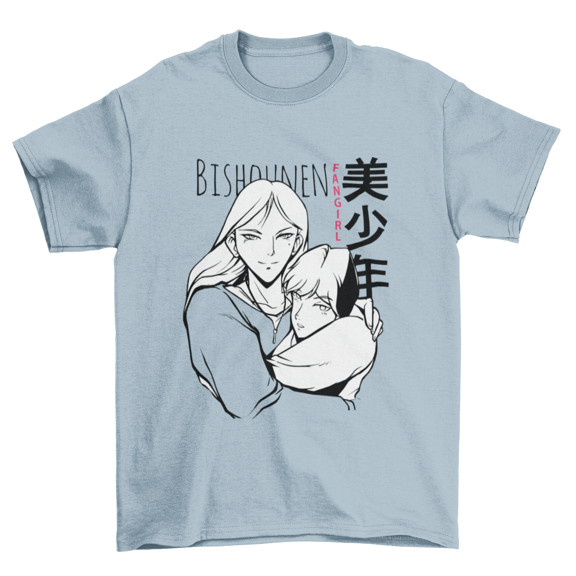 Bishounen fangirl t-shirt featuring two anime characters and stylish text.