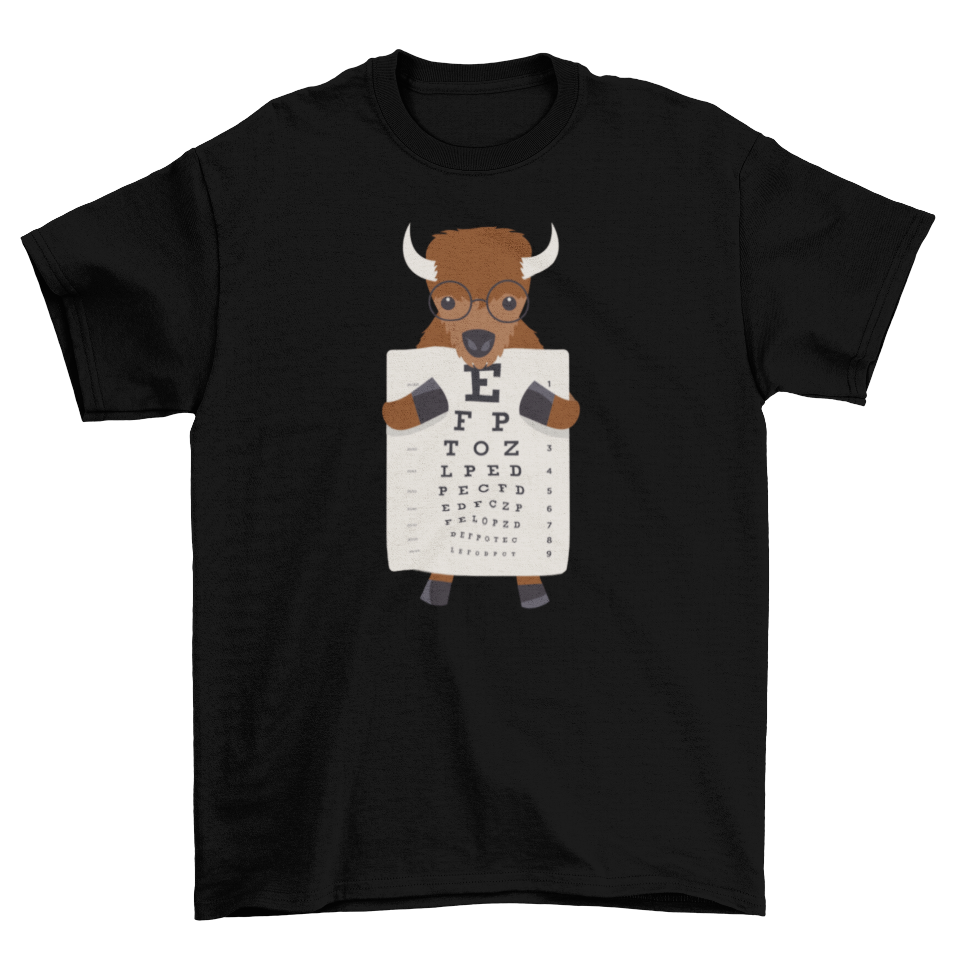 A playful t-shirt featuring a bison wearing glasses and holding an eye chart, showcasing a unique and humorous design.