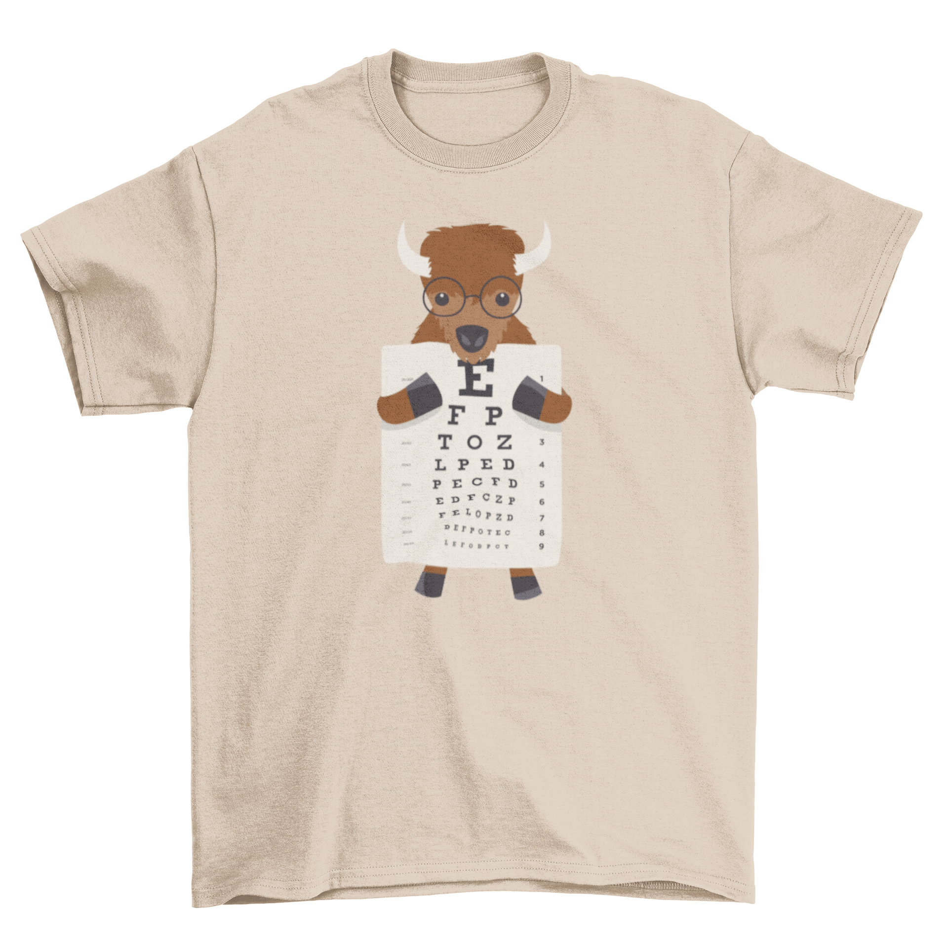 A playful t-shirt featuring a bison wearing glasses and holding an eye chart, showcasing a unique and humorous design.