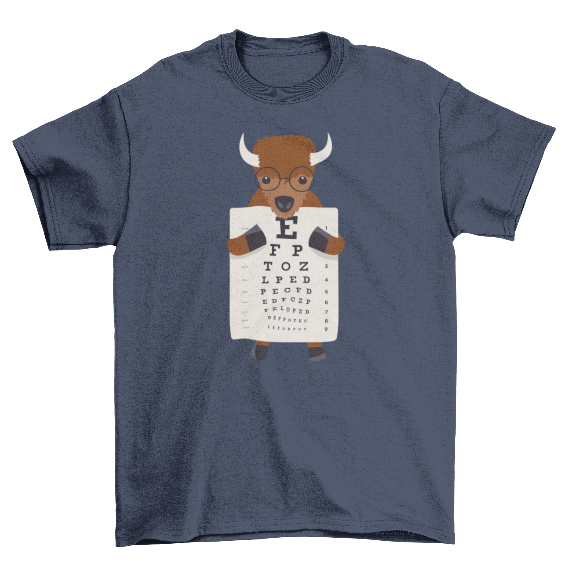 A playful t-shirt featuring a bison wearing glasses and holding an eye chart, showcasing a unique and humorous design.