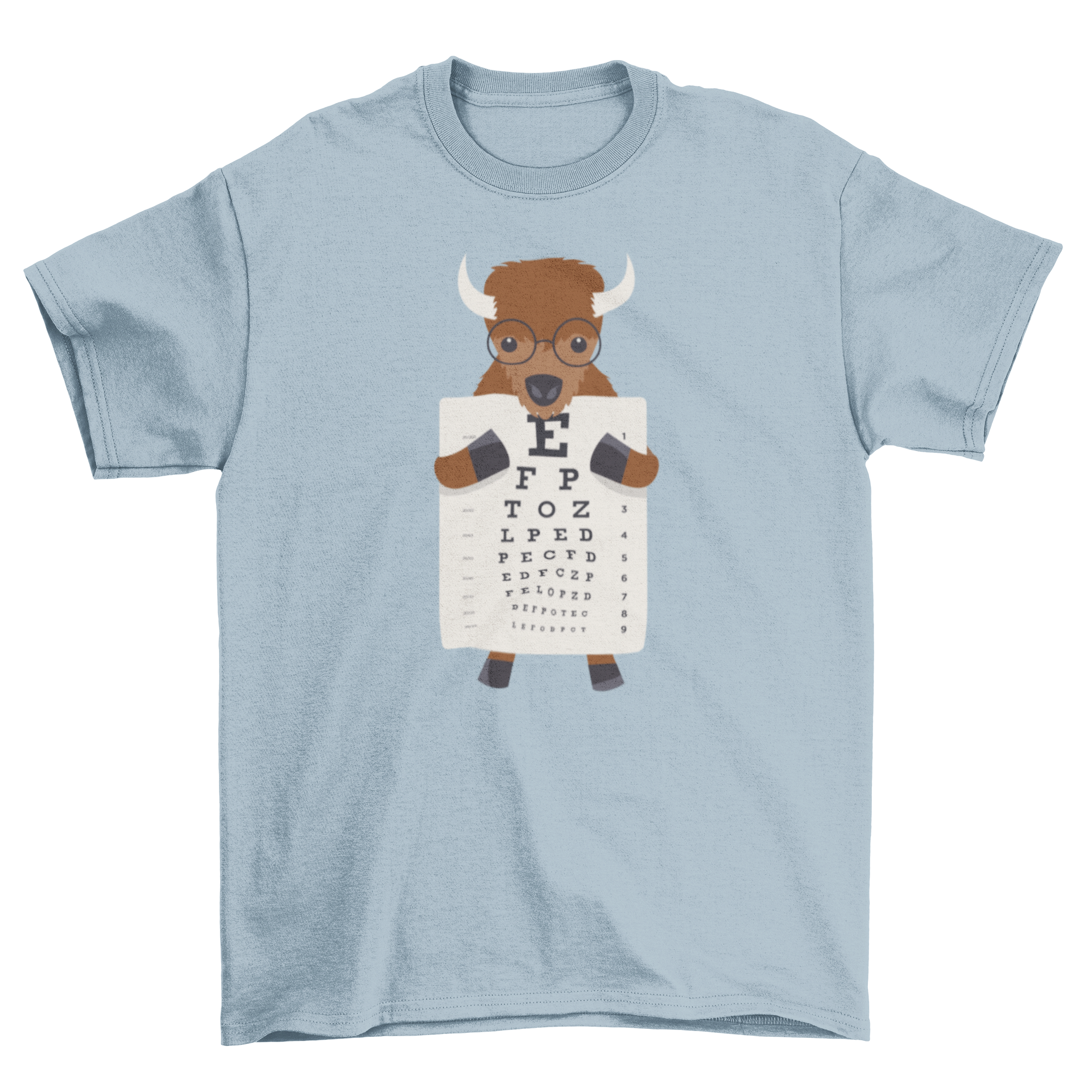 A playful t-shirt featuring a bison wearing glasses and holding an eye chart, showcasing a unique and humorous design.