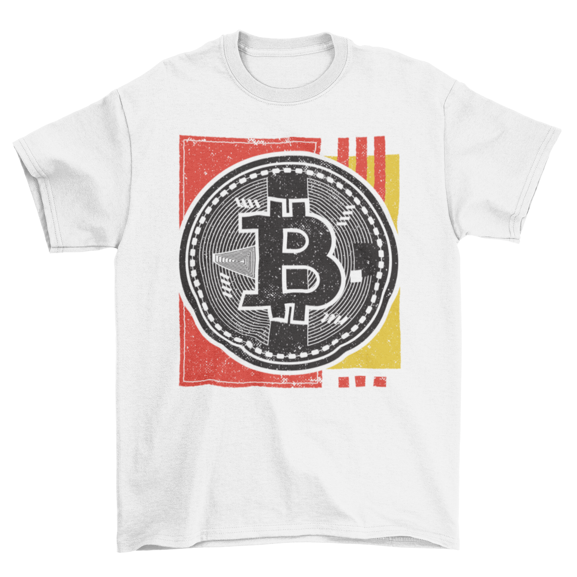 Bitcoin Abstract T-shirt featuring an artistic design and Bitcoin logo coin on the front.