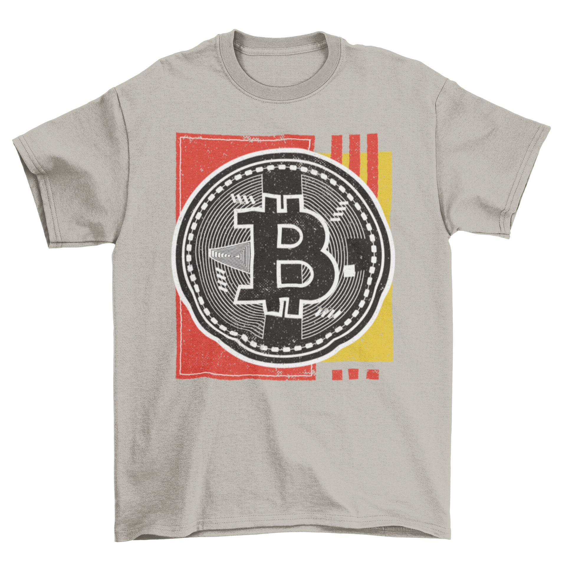 Bitcoin Abstract T-shirt featuring an artistic design and Bitcoin logo coin on the front.