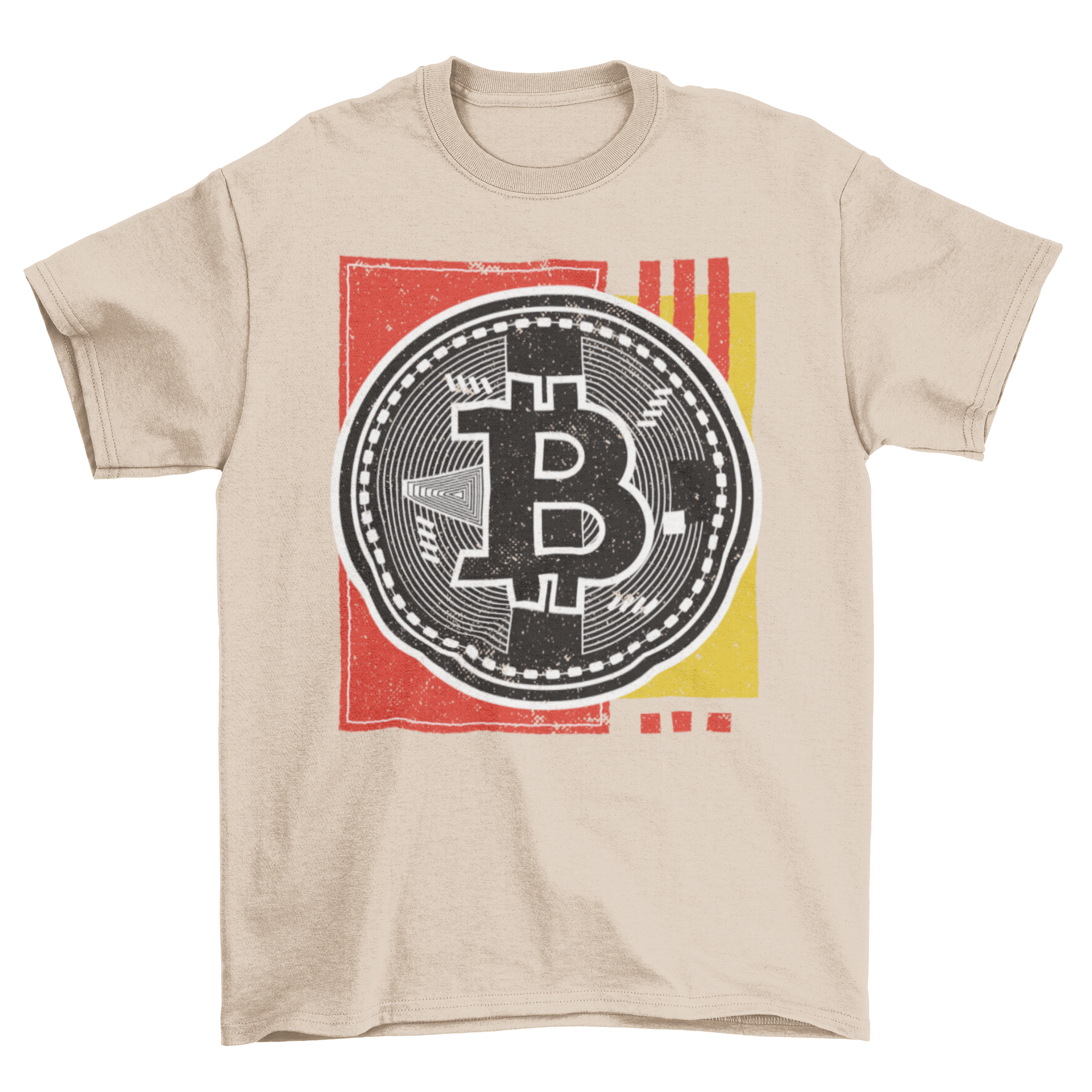 Bitcoin Abstract T-shirt featuring an artistic design and Bitcoin logo coin on the front.