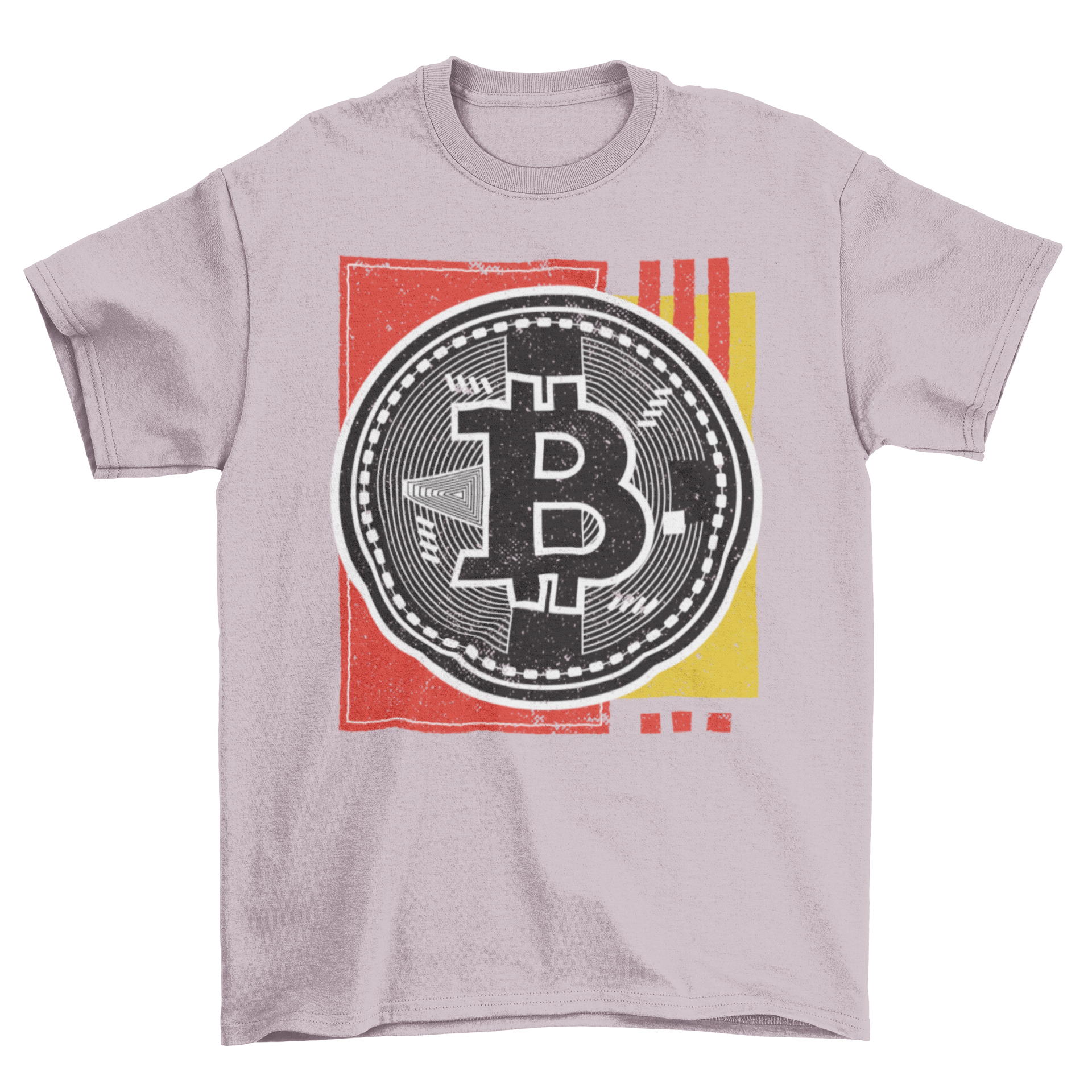 Bitcoin Abstract T-shirt featuring an artistic design and Bitcoin logo coin on the front.