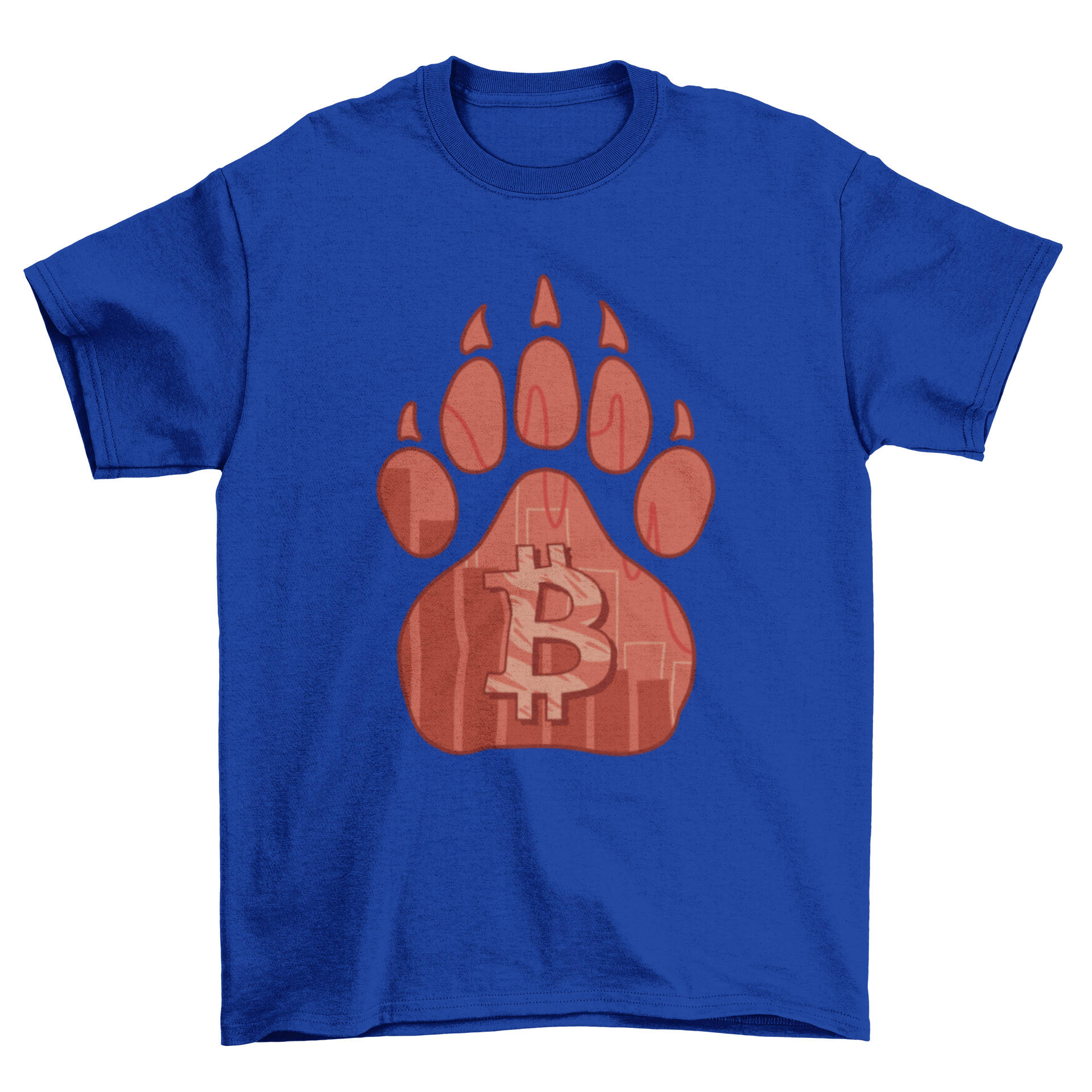 A stylish t-shirt featuring a bear footprint design with the Bitcoin symbol, perfect for cryptocurrency enthusiasts.