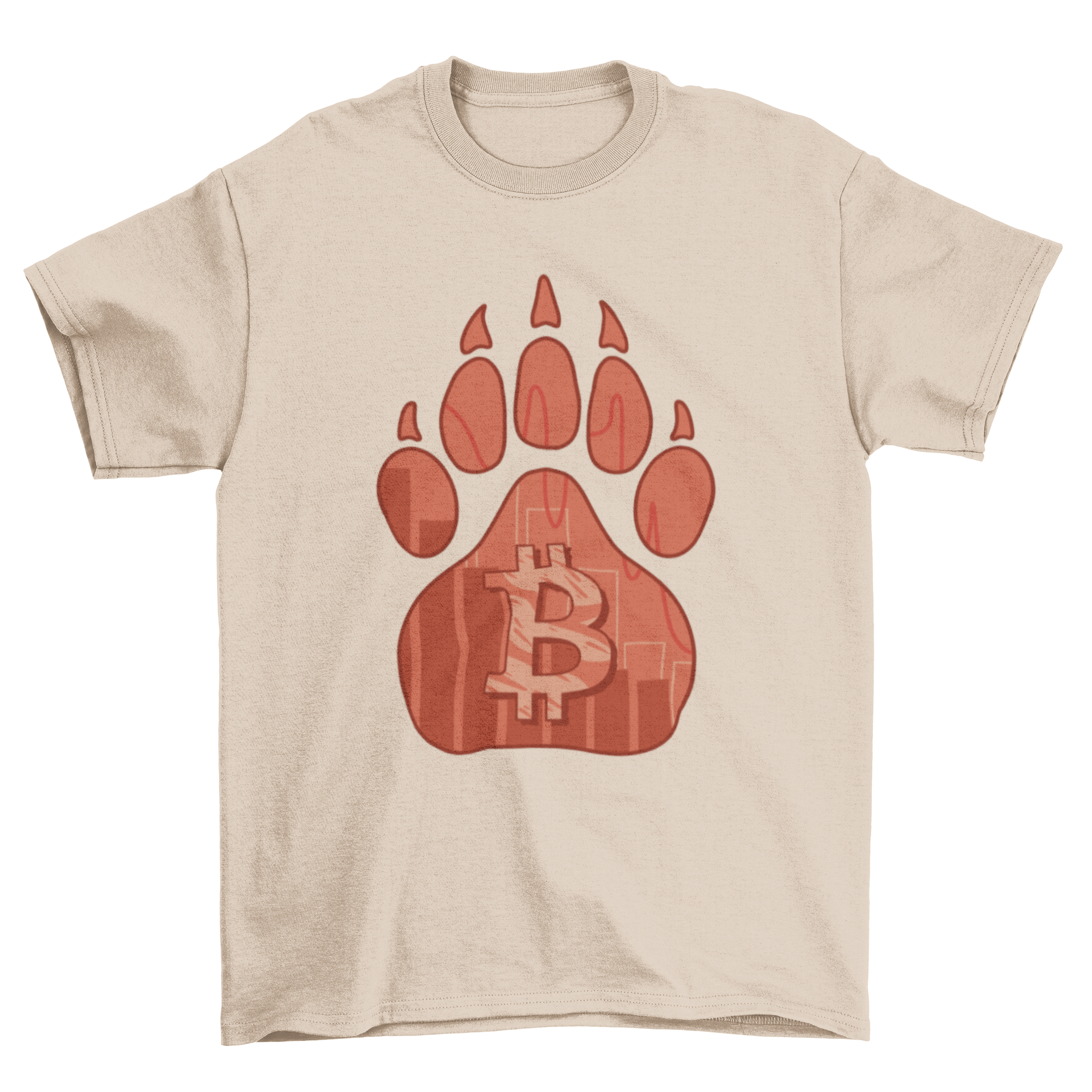 A stylish t-shirt featuring a bear footprint design with the Bitcoin symbol, perfect for cryptocurrency enthusiasts.