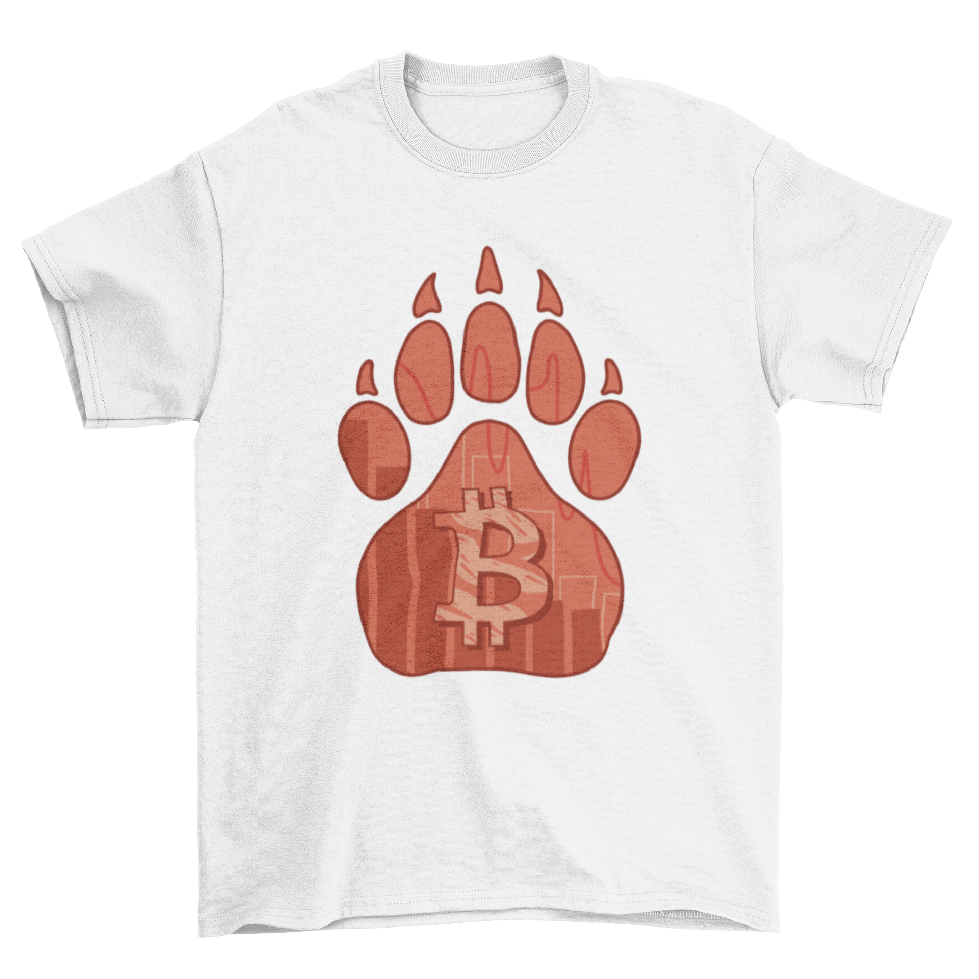 A stylish t-shirt featuring a bear footprint design with the Bitcoin symbol, perfect for cryptocurrency enthusiasts.