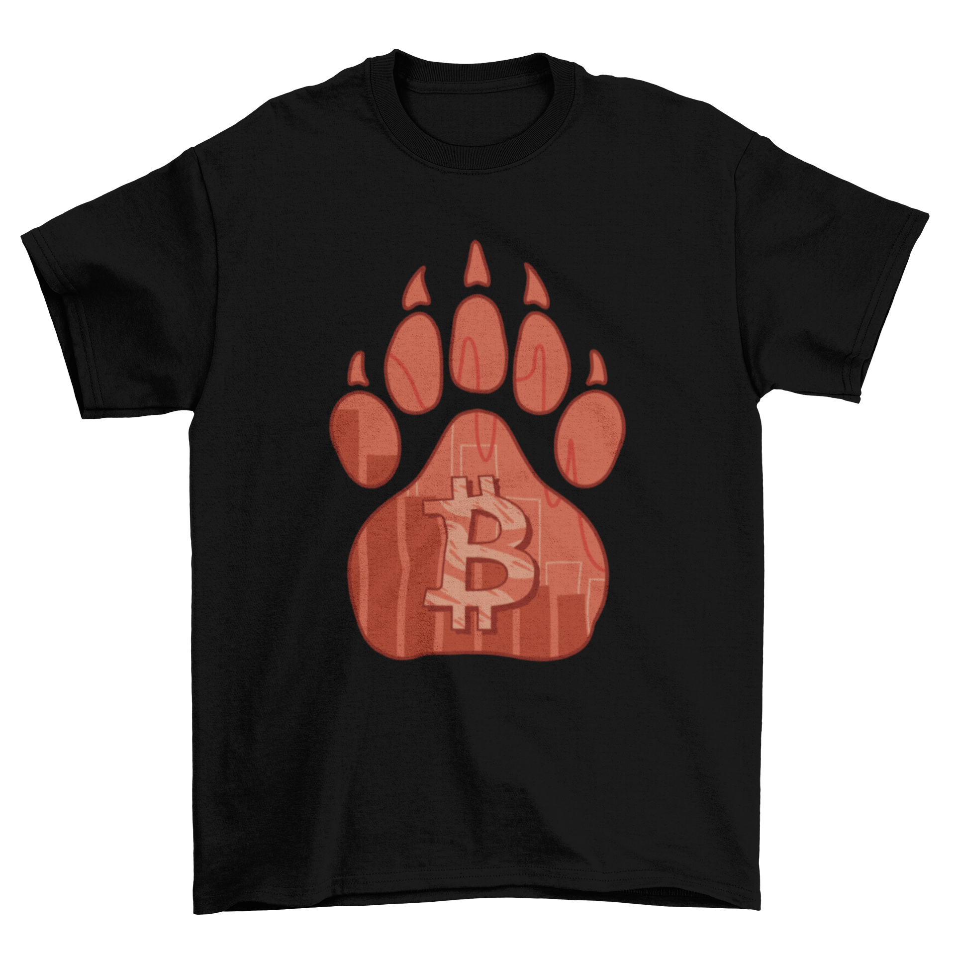 A stylish t-shirt featuring a bear footprint design with the Bitcoin symbol, perfect for cryptocurrency enthusiasts.