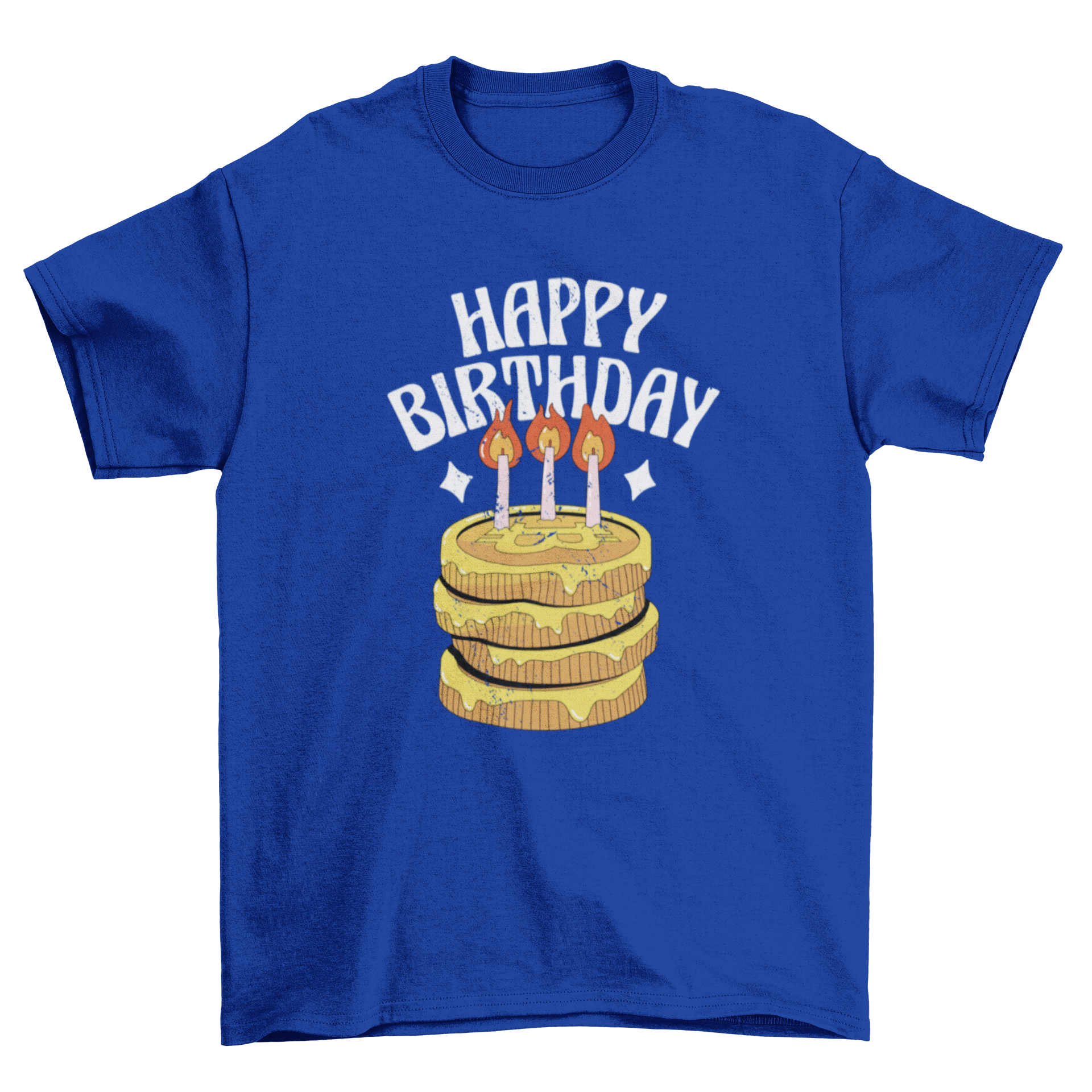 A stylish t-shirt featuring a colorful Bitcoin birthday cake design with the text 'Happy Birthday'.