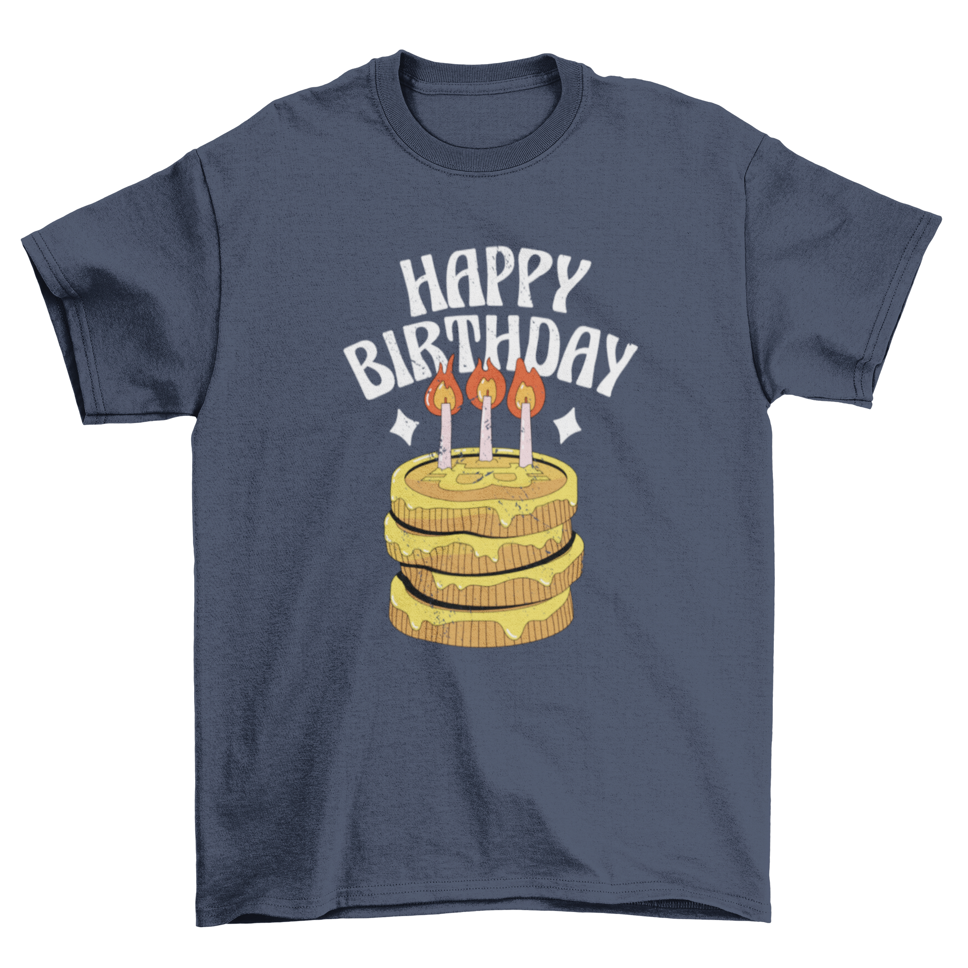 A stylish t-shirt featuring a colorful Bitcoin birthday cake design with the text 'Happy Birthday'.