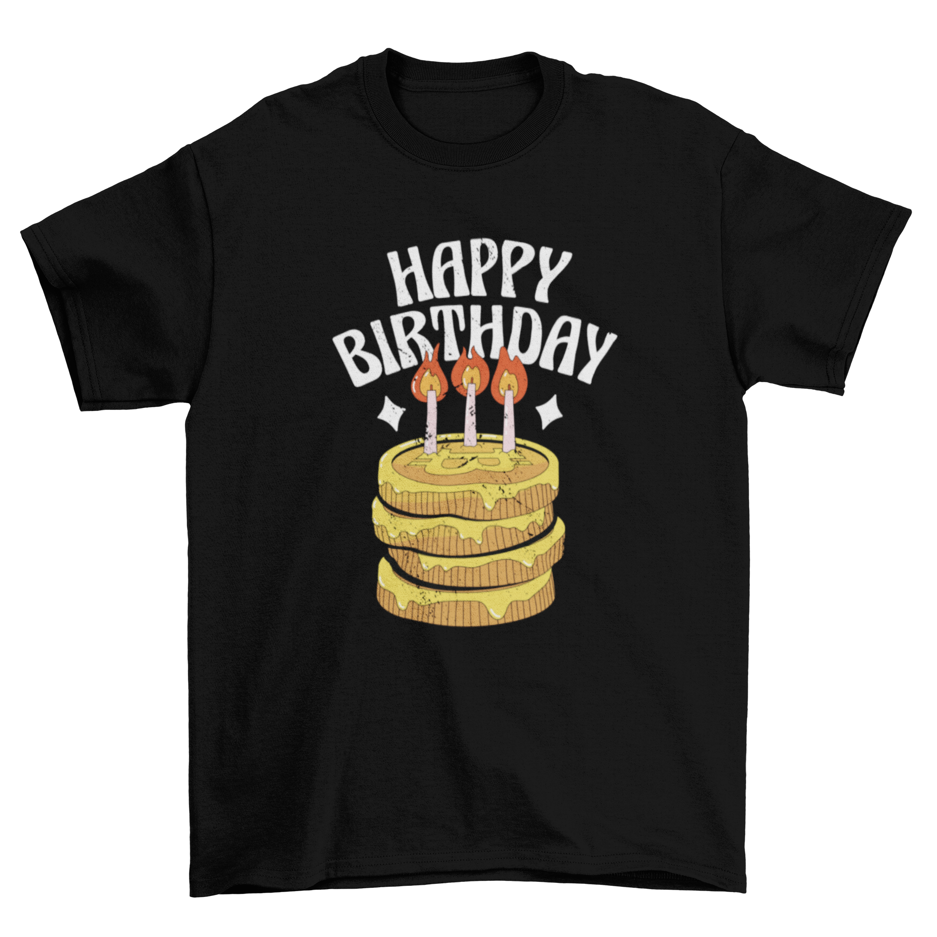 A stylish t-shirt featuring a colorful Bitcoin birthday cake design with the text 'Happy Birthday'.