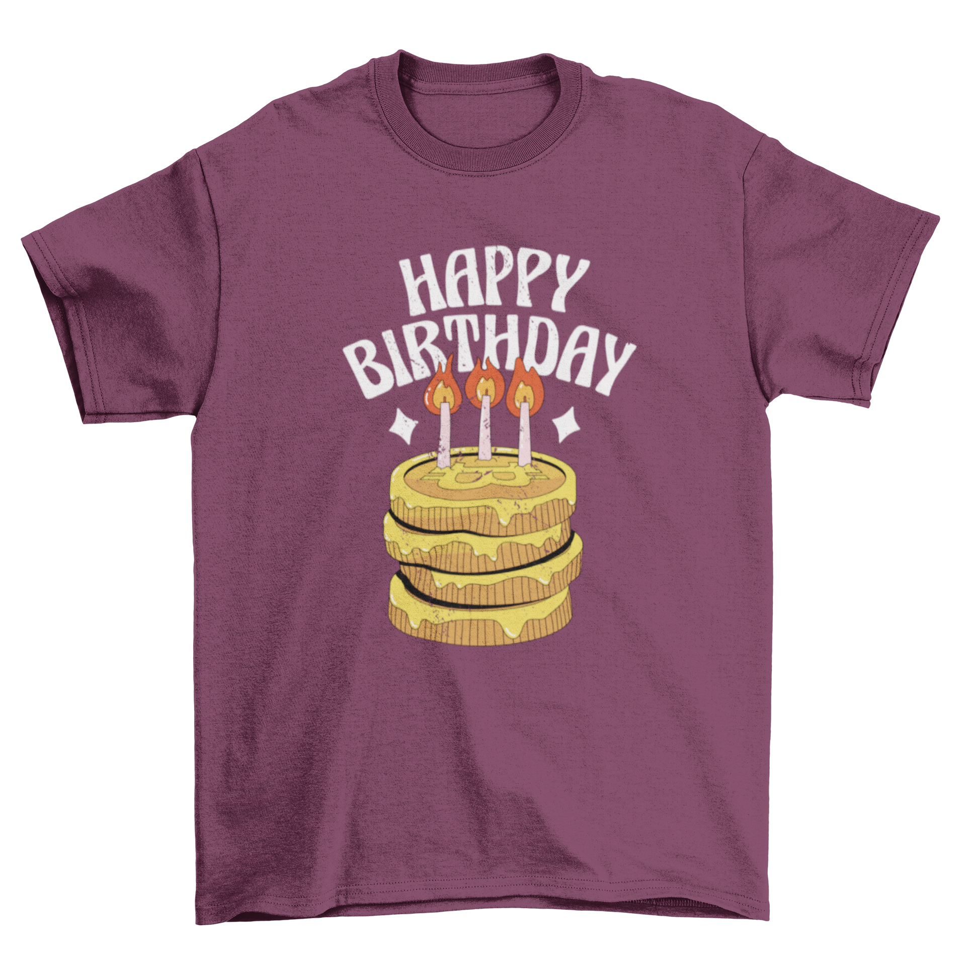 A stylish t-shirt featuring a colorful Bitcoin birthday cake design with the text 'Happy Birthday'.