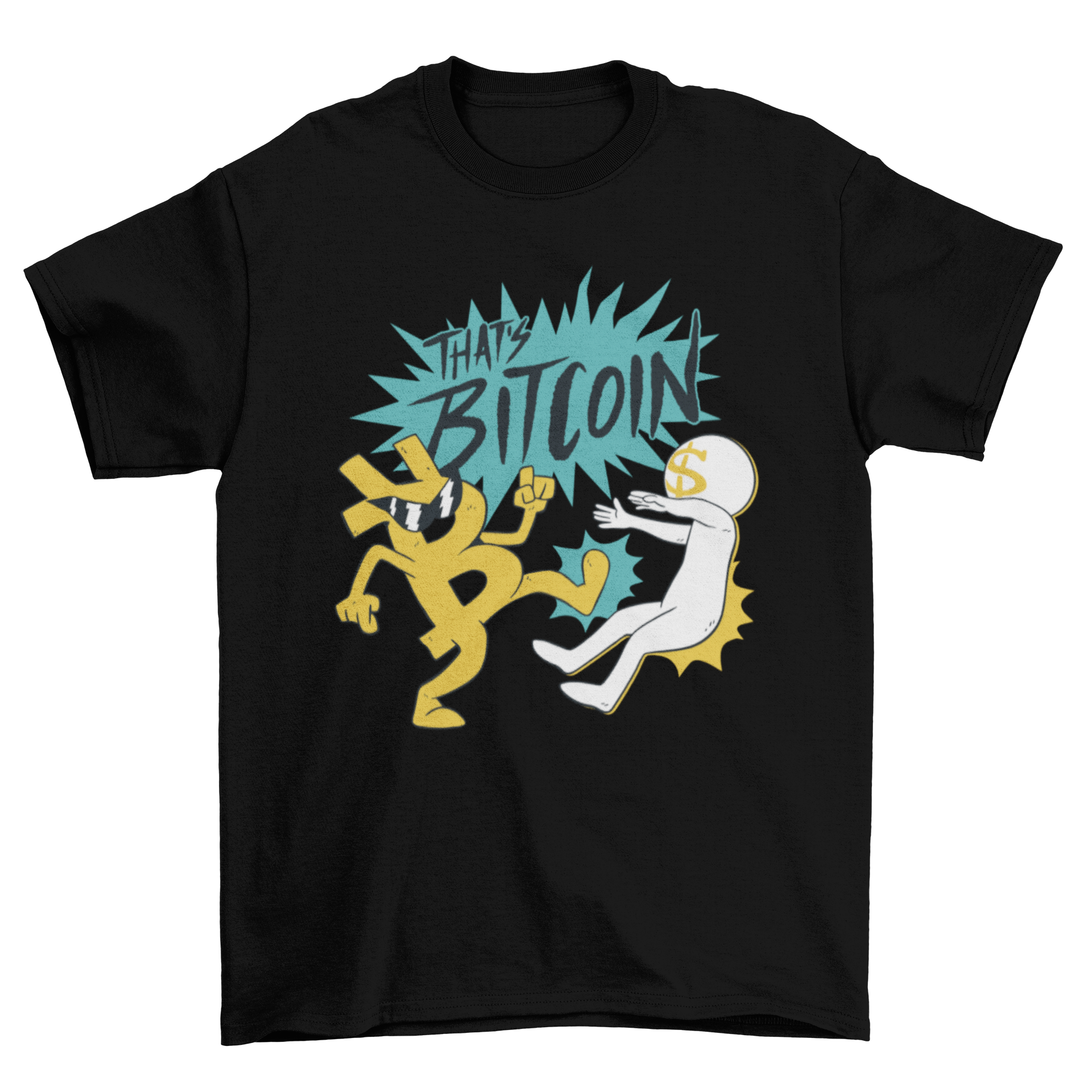 A vibrant t-shirt featuring a cartoon Bitcoin character kicking a dollar sign, showcasing a playful and humorous design.