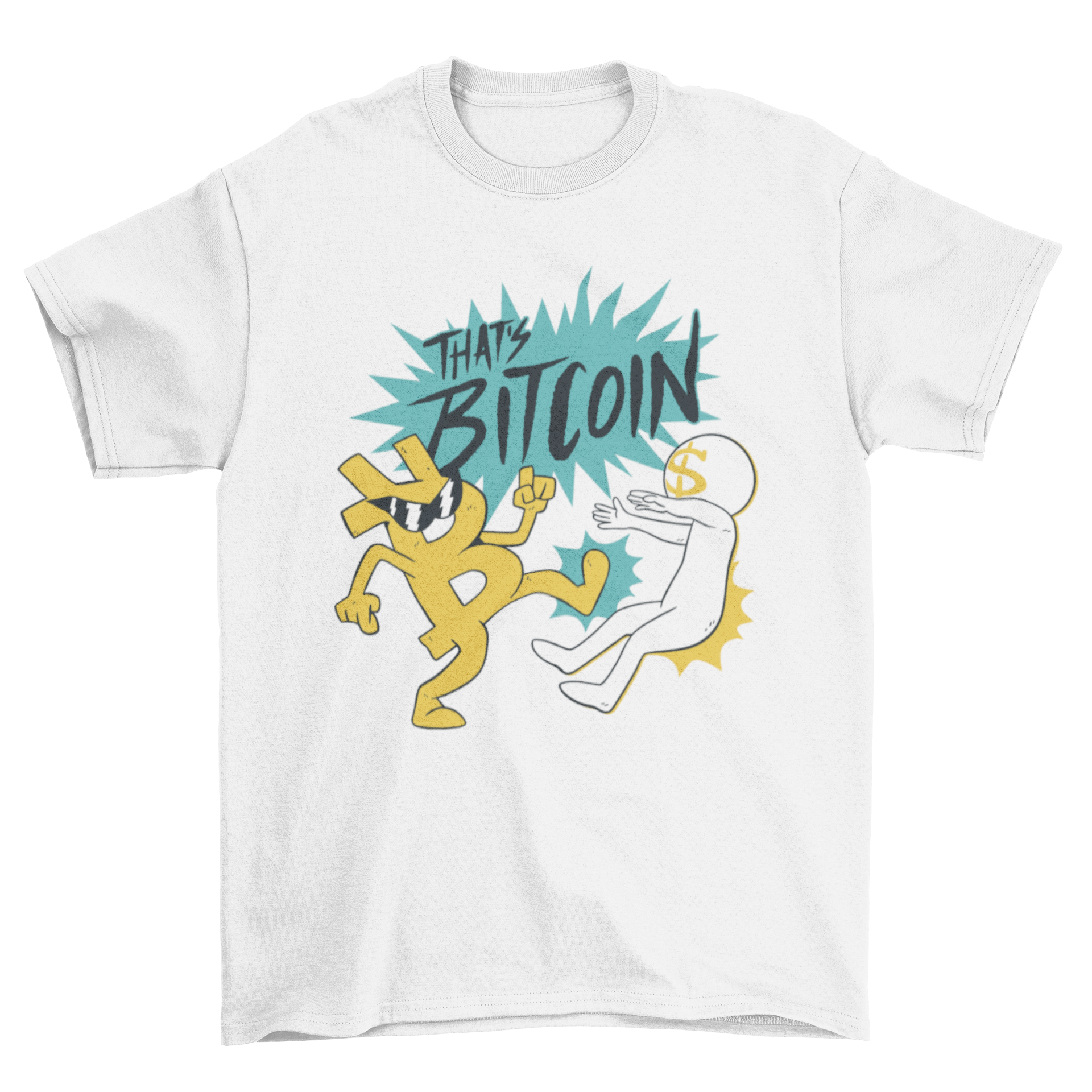 A vibrant t-shirt featuring a cartoon Bitcoin character kicking a dollar sign, showcasing a playful and humorous design.