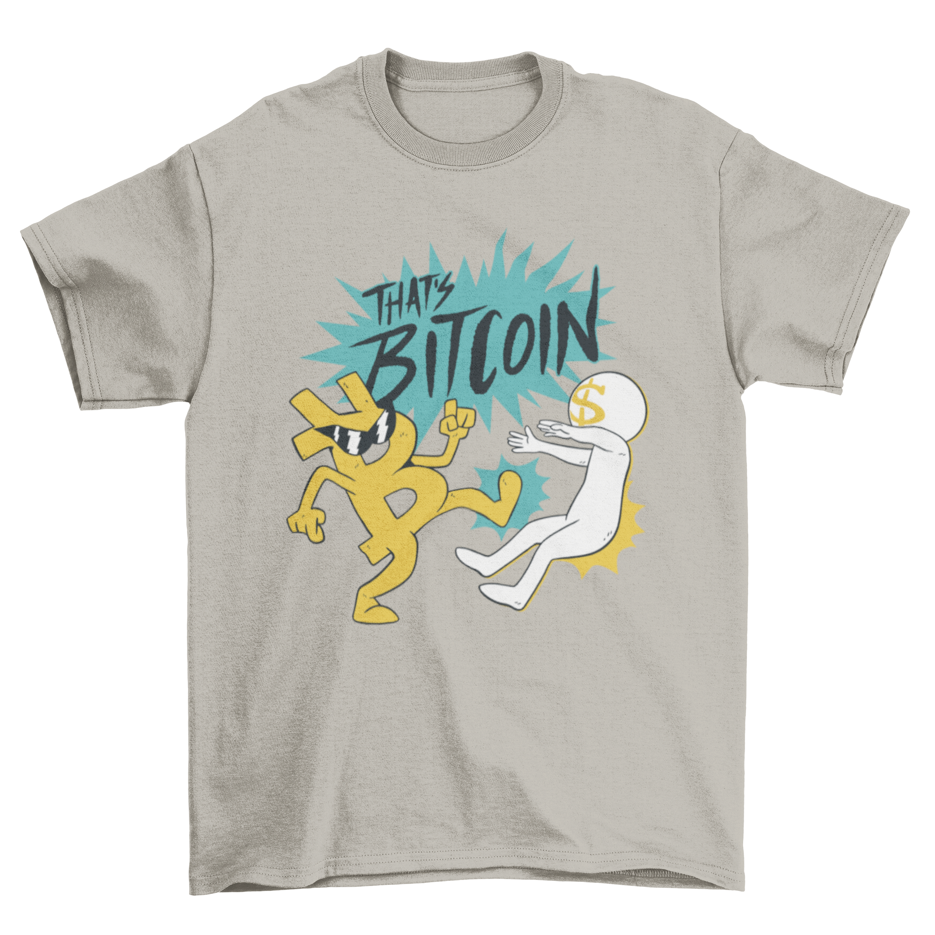 A vibrant t-shirt featuring a cartoon Bitcoin character kicking a dollar sign, showcasing a playful and humorous design.