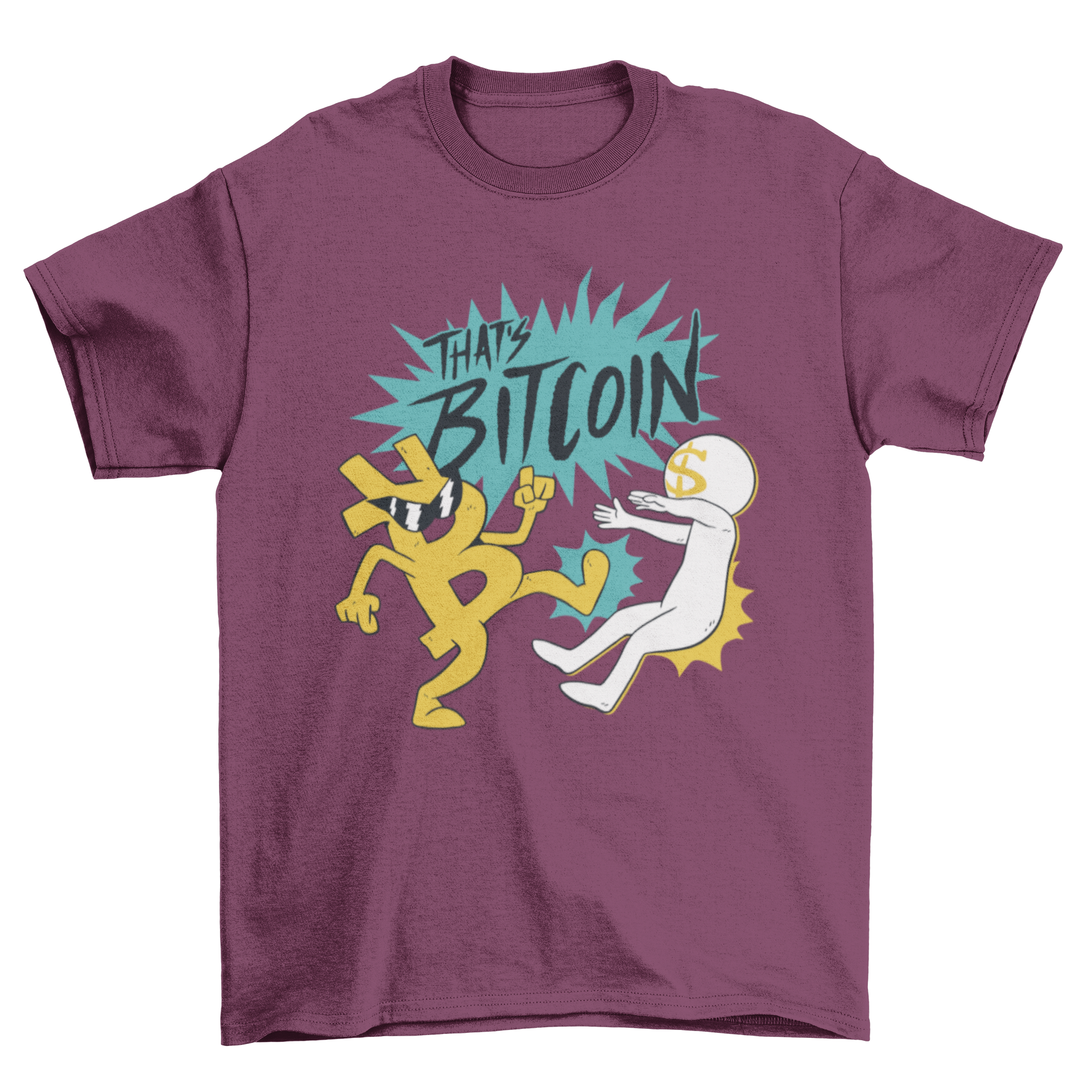 A vibrant t-shirt featuring a cartoon Bitcoin character kicking a dollar sign, showcasing a playful and humorous design.