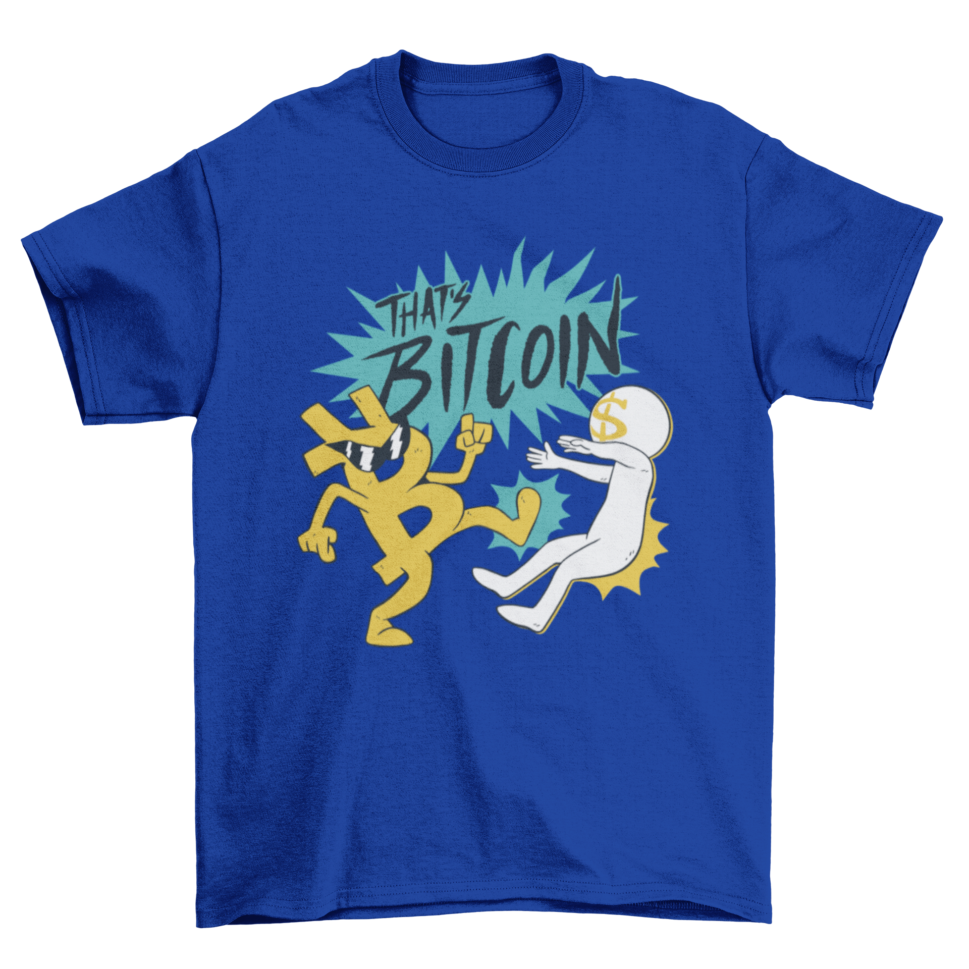 A vibrant t-shirt featuring a cartoon Bitcoin character kicking a dollar sign, showcasing a playful and humorous design.