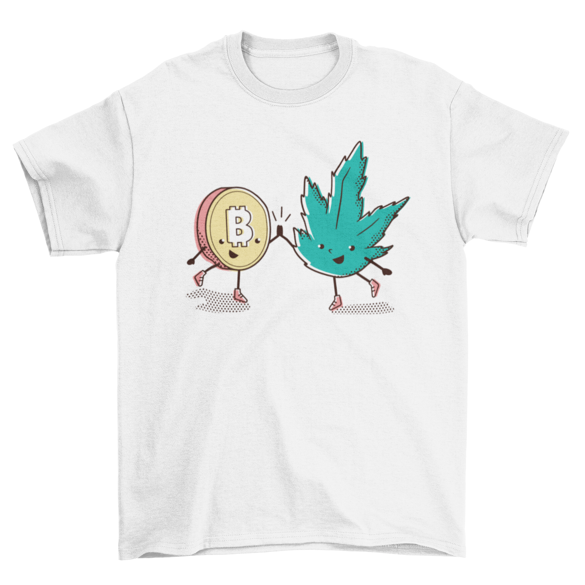 A stylish T-shirt featuring a Bitcoin coin and a hemp leaf high-fiving, symbolizing cryptocurrency and sustainability.