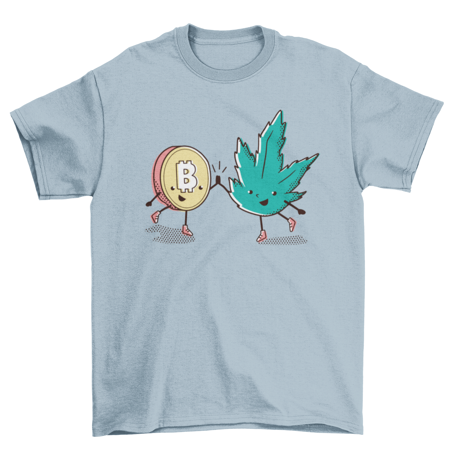 A stylish T-shirt featuring a Bitcoin coin and a hemp leaf high-fiving, symbolizing cryptocurrency and sustainability.