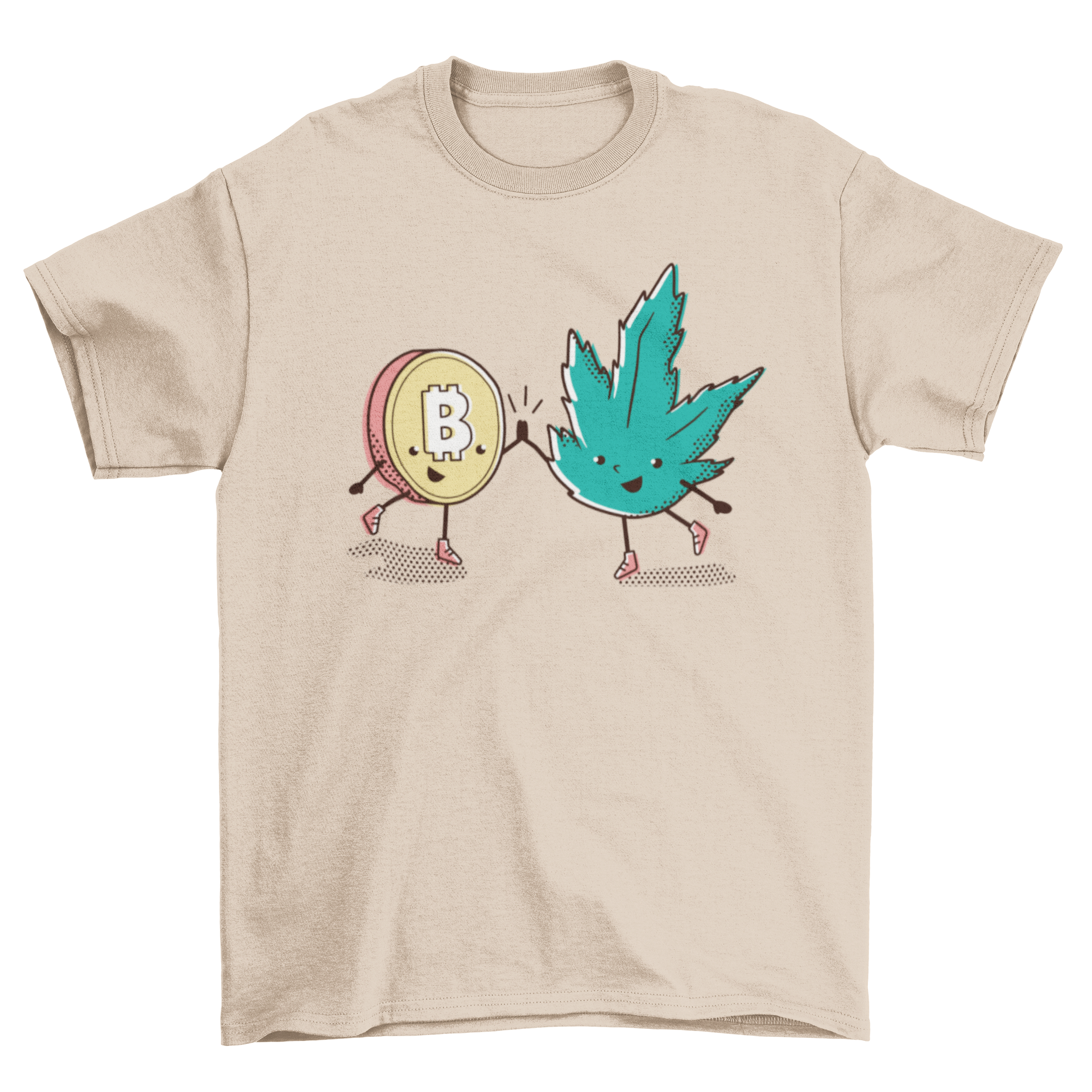 A stylish T-shirt featuring a Bitcoin coin and a hemp leaf high-fiving, symbolizing cryptocurrency and sustainability.