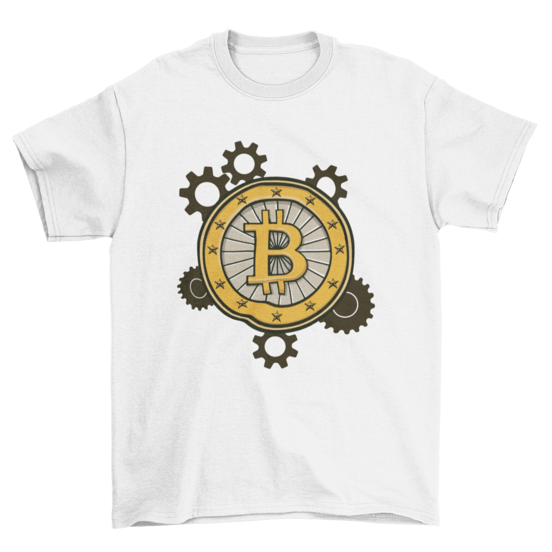 Stylish t-shirt featuring the Bitcoin logo integrated into a gear design, perfect for cryptocurrency enthusiasts.