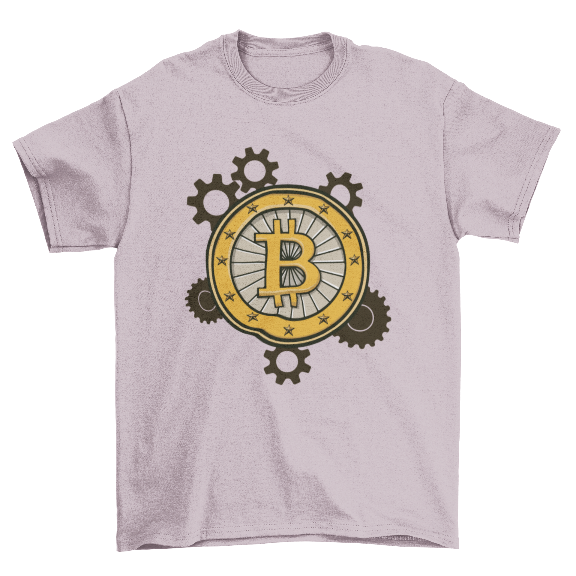 Stylish t-shirt featuring the Bitcoin logo integrated into a gear design, perfect for cryptocurrency enthusiasts.