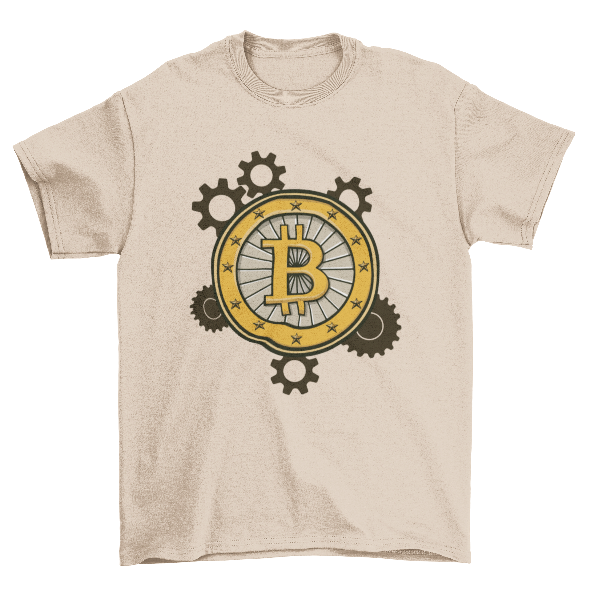 Stylish t-shirt featuring the Bitcoin logo integrated into a gear design, perfect for cryptocurrency enthusiasts.