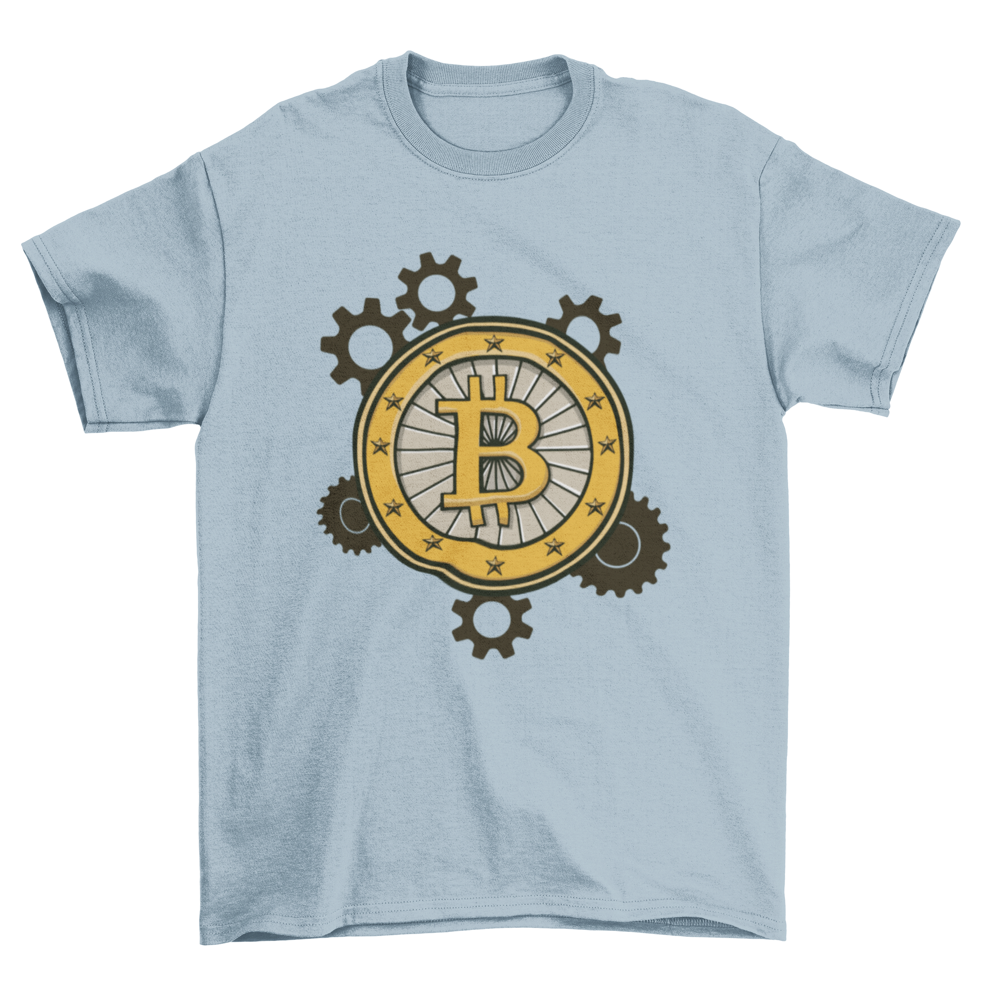 Stylish t-shirt featuring the Bitcoin logo integrated into a gear design, perfect for cryptocurrency enthusiasts.