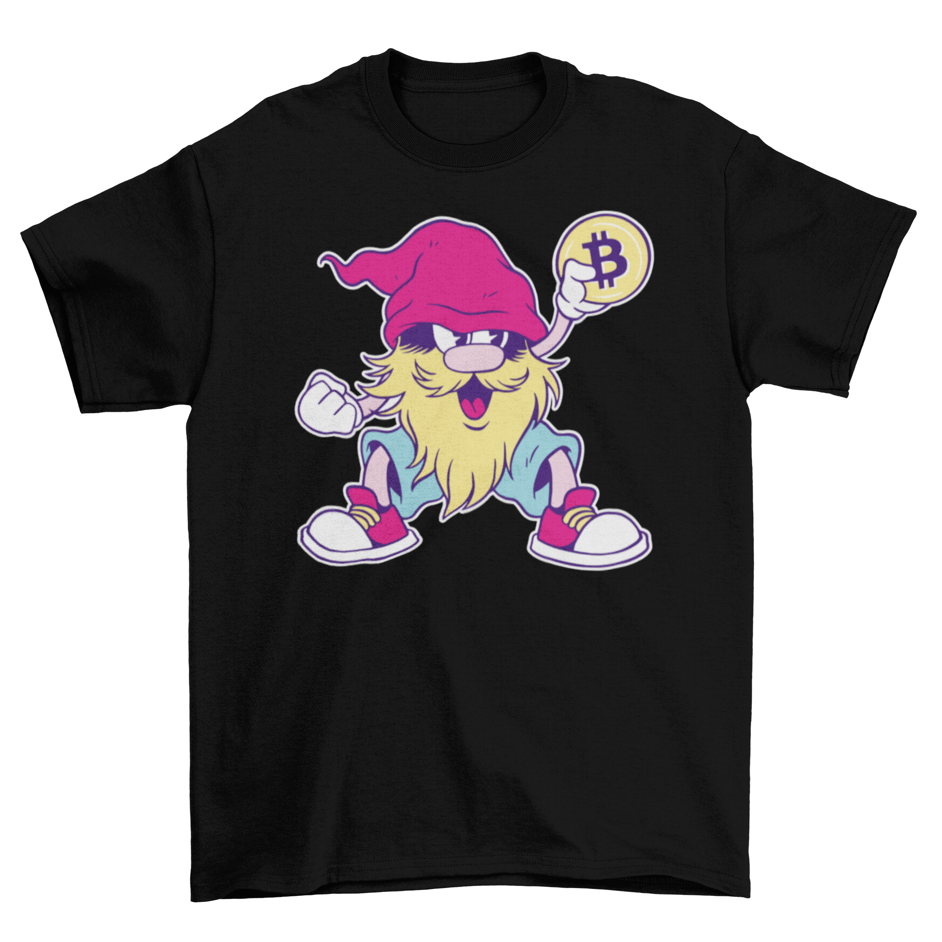 A stylish Bitcoin gnome t-shirt featuring a gnome holding a bitcoin, perfect for cryptocurrency enthusiasts.