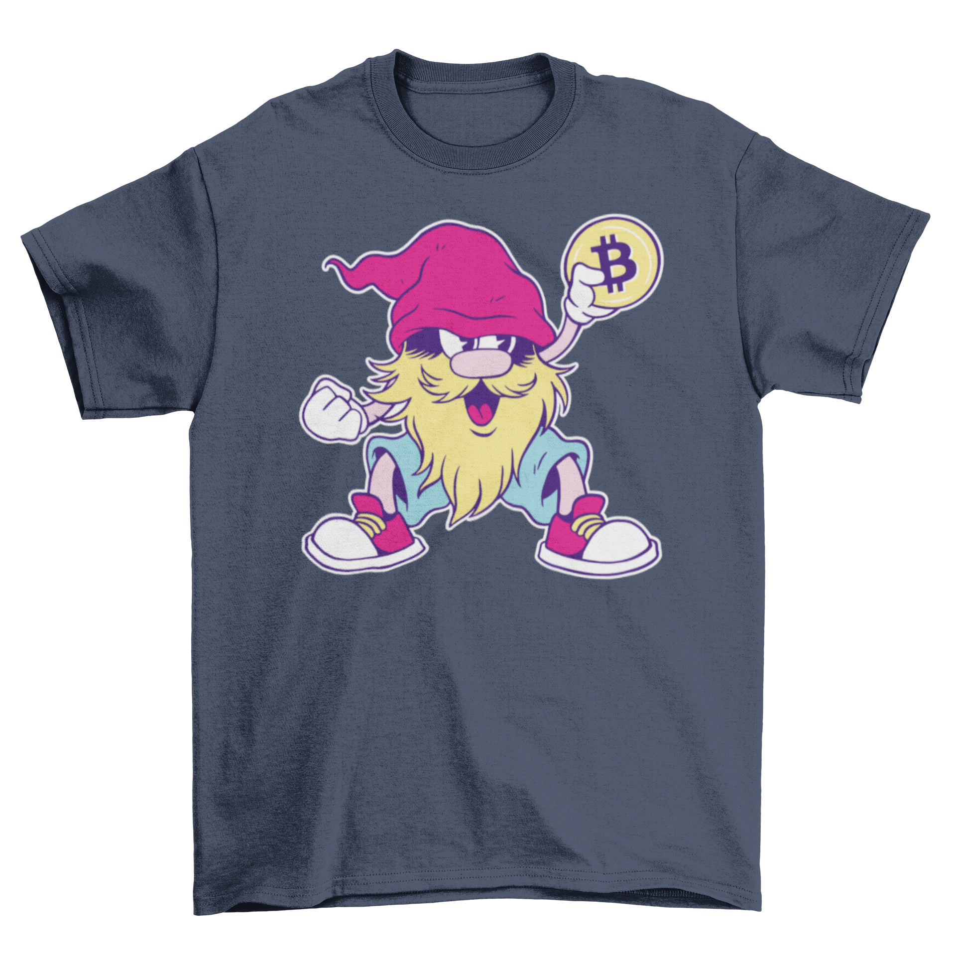 A stylish Bitcoin gnome t-shirt featuring a gnome holding a bitcoin, perfect for cryptocurrency enthusiasts.