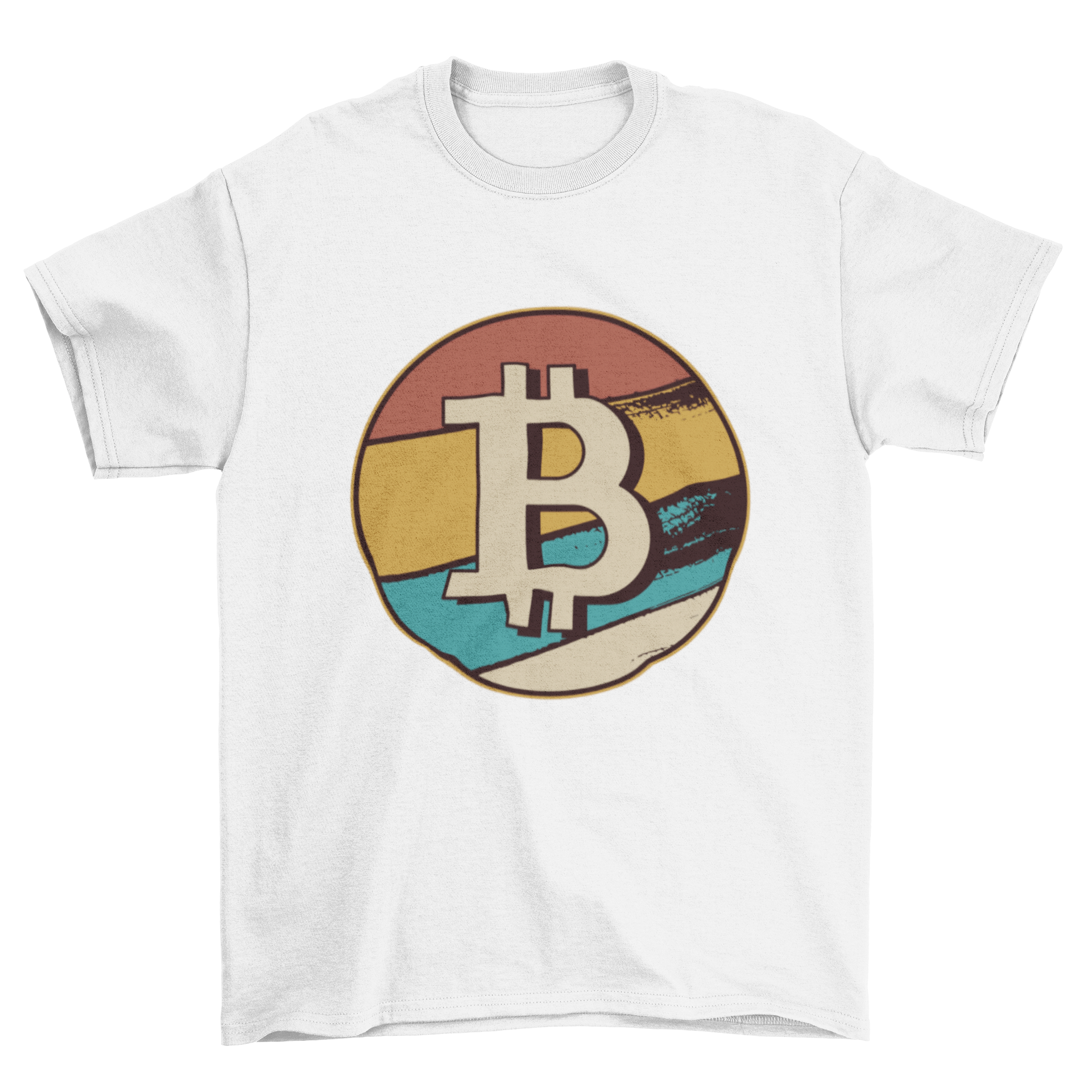 A stylish Bitcoin retro t-shirt featuring the Bitcoin symbol in a vintage design, perfect for cryptocurrency enthusiasts.